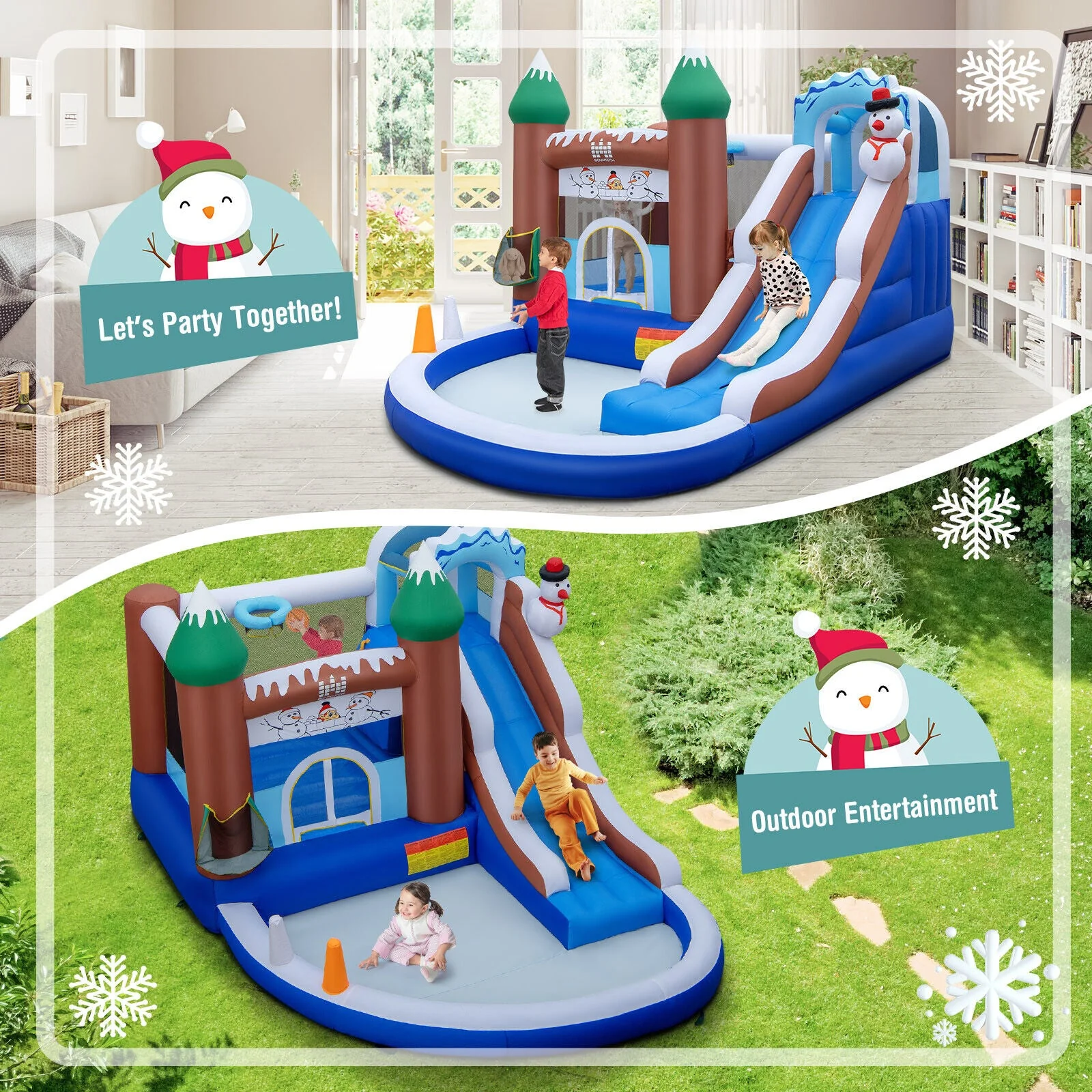 6-in-1 Winter Theme Snowman Inflatable Castle with Slide and Trampoline without Blower - Image 6