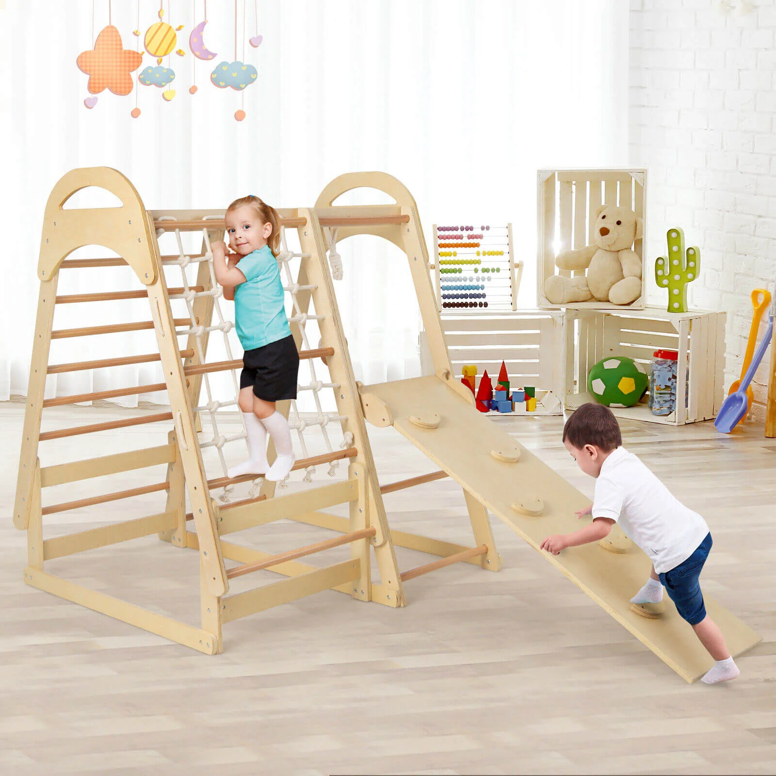 6-in-1 Wooden Kids Jungle Gym Playset with Slide Climbing Net-Natural - Image 2