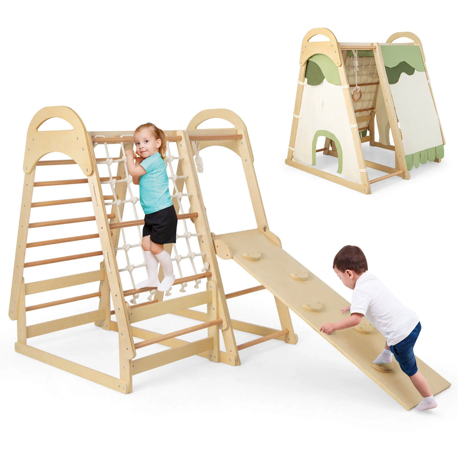 6-in-1 Wooden Kids Jungle Gym Playset with Slide Climbing Net-Natural - Image 3