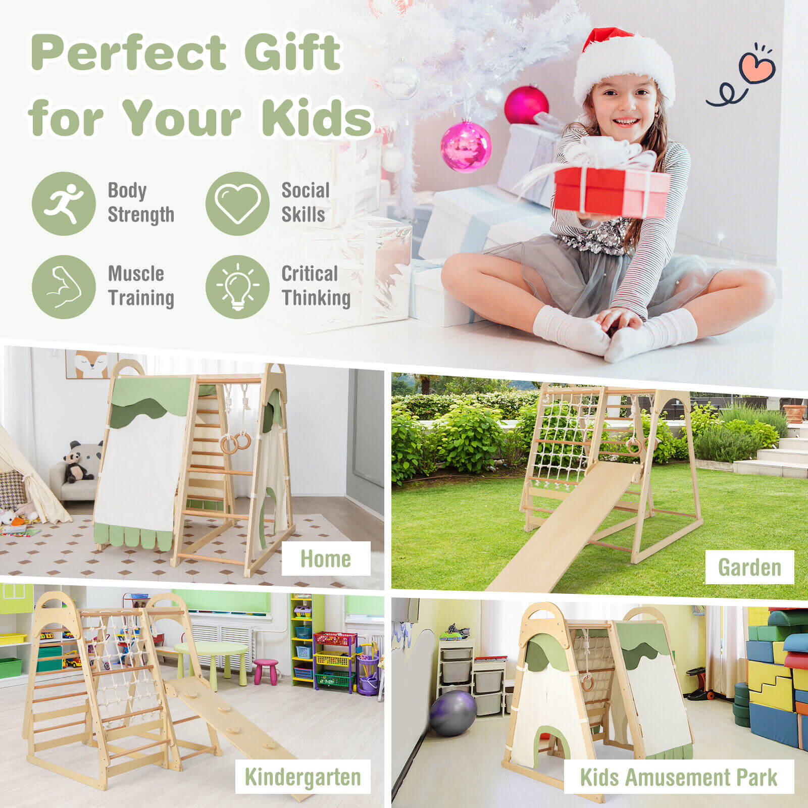 6-in-1 Wooden Kids Jungle Gym Playset with Slide Climbing Net-Natural - Image 6