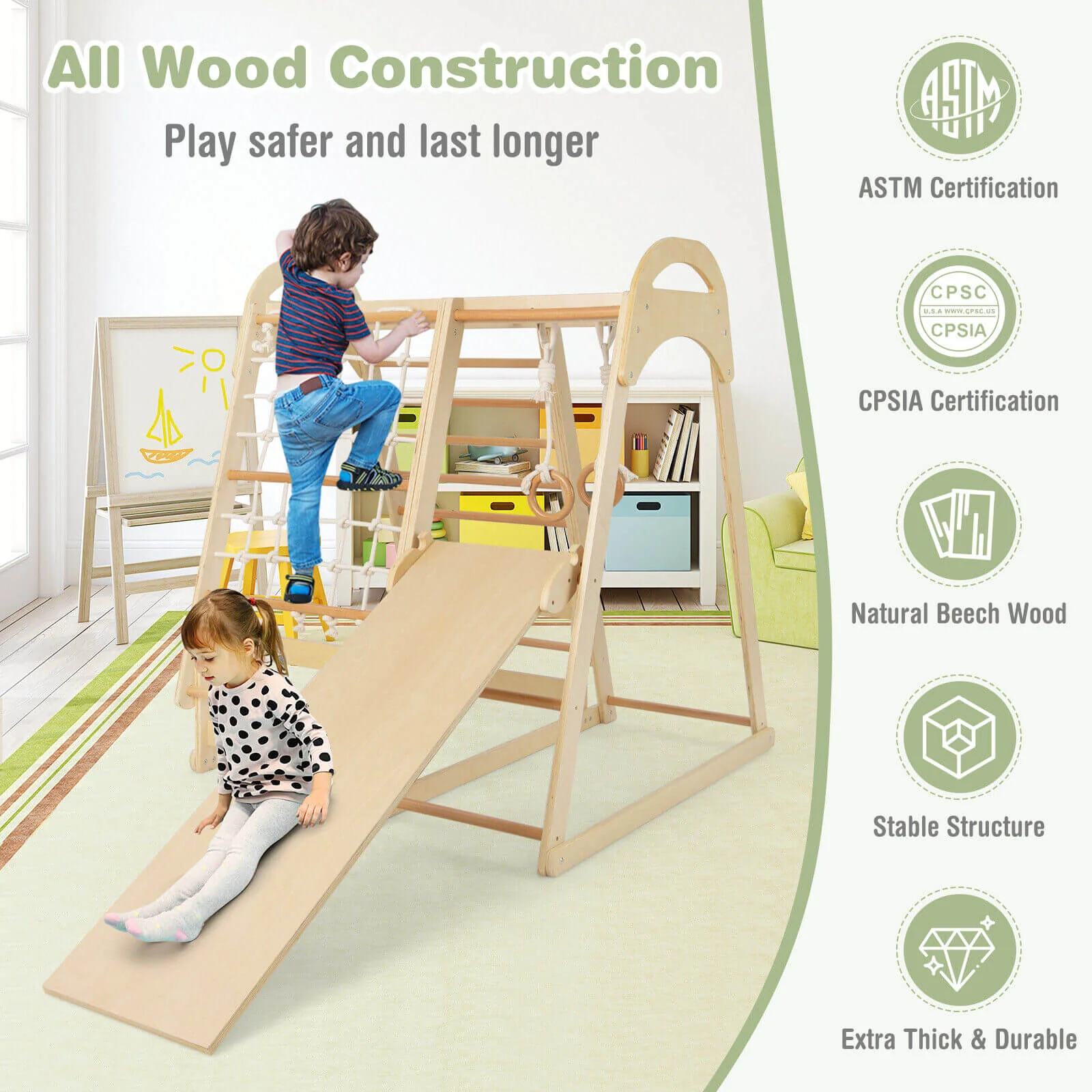 6-in-1 Wooden Kids Jungle Gym Playset with Slide Climbing Net-Natural - Image 7