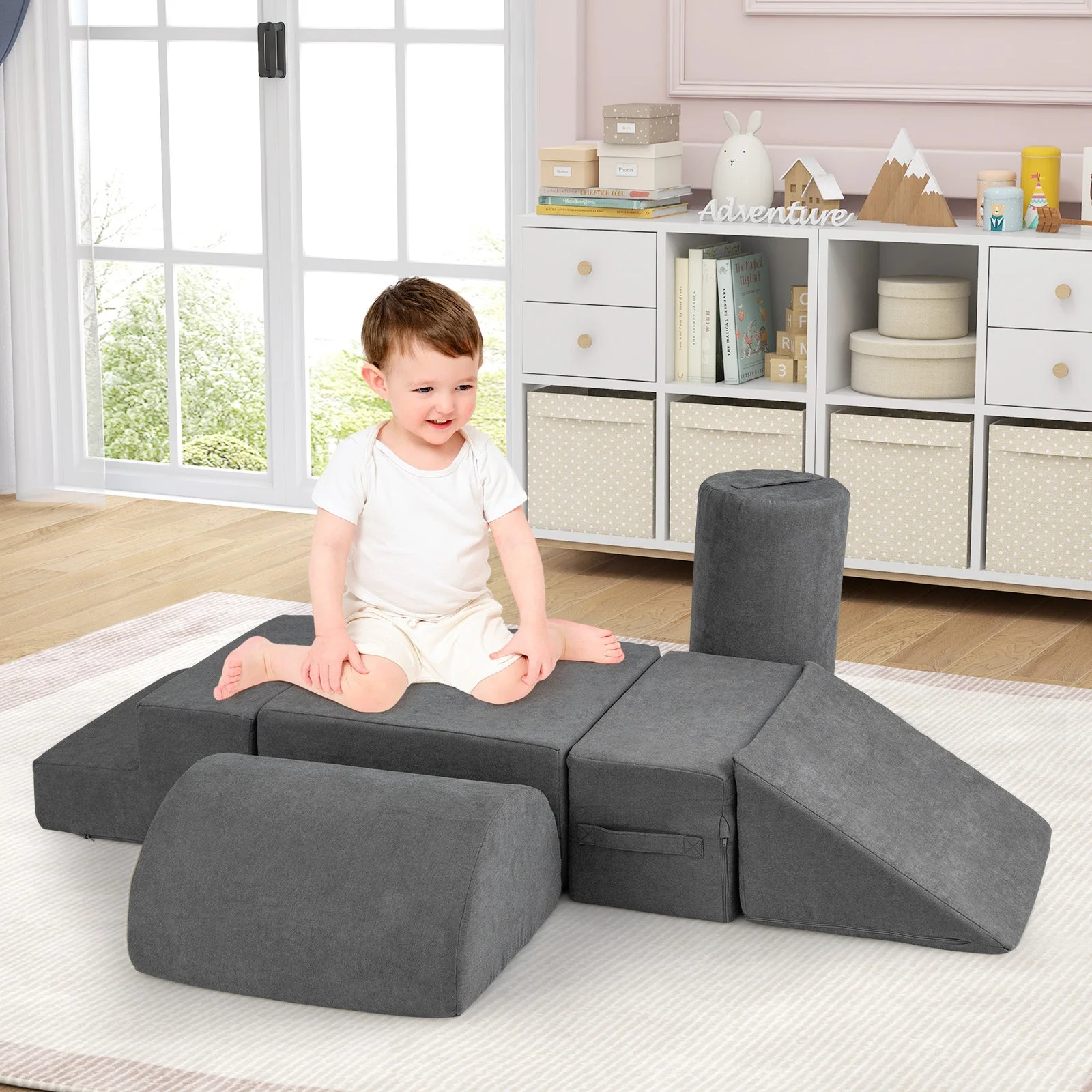 6-Piece Baby Climbing Blocks with 30D High-Density Foam and Carrying Handles-Gray - Image 2