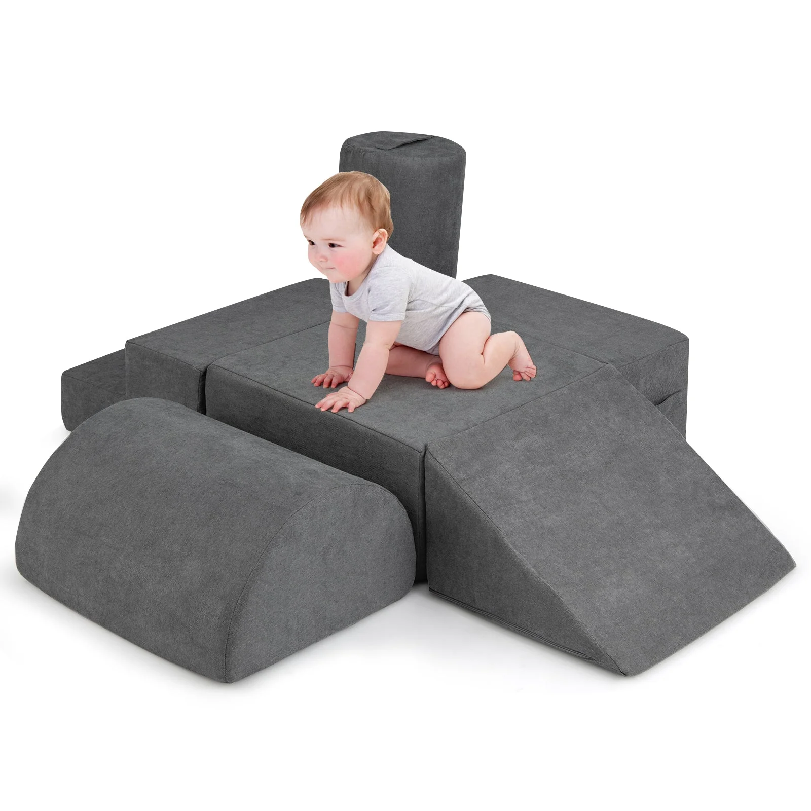 6-Piece Baby Climbing Blocks with 30D High-Density Foam and Carrying Handles-Gray - Image 4