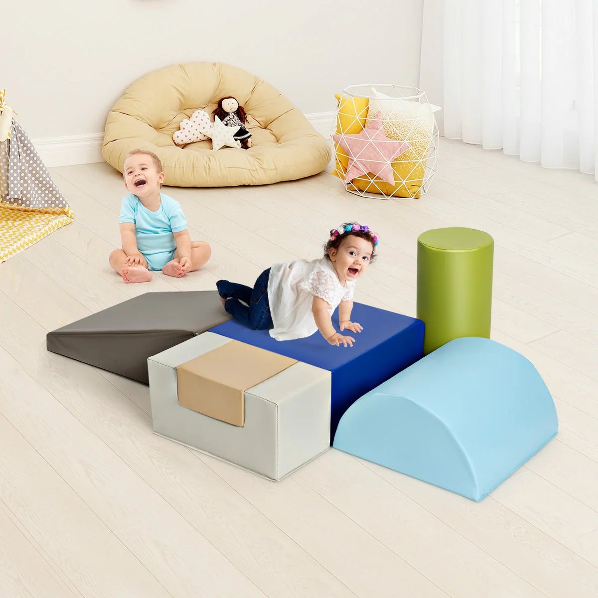 6 Piece Climb Crawl Play Set Indoor Baby Toddler-Gray - Image 6