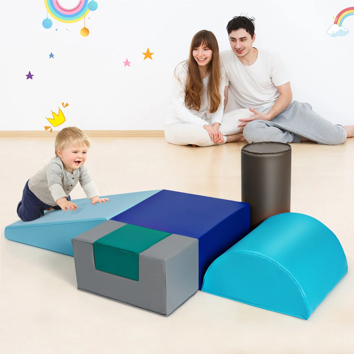 6 Piece Climb Crawl Play Set Indoor Kids Toddler-Light Blue - Image 6