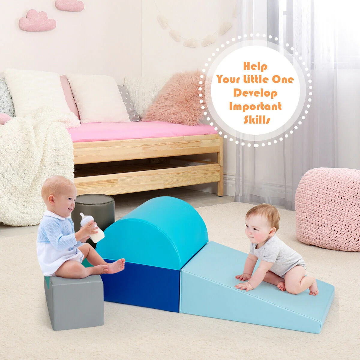 6 Piece Climb Crawl Play Set Indoor Kids Toddler-Light Blue - Image 8