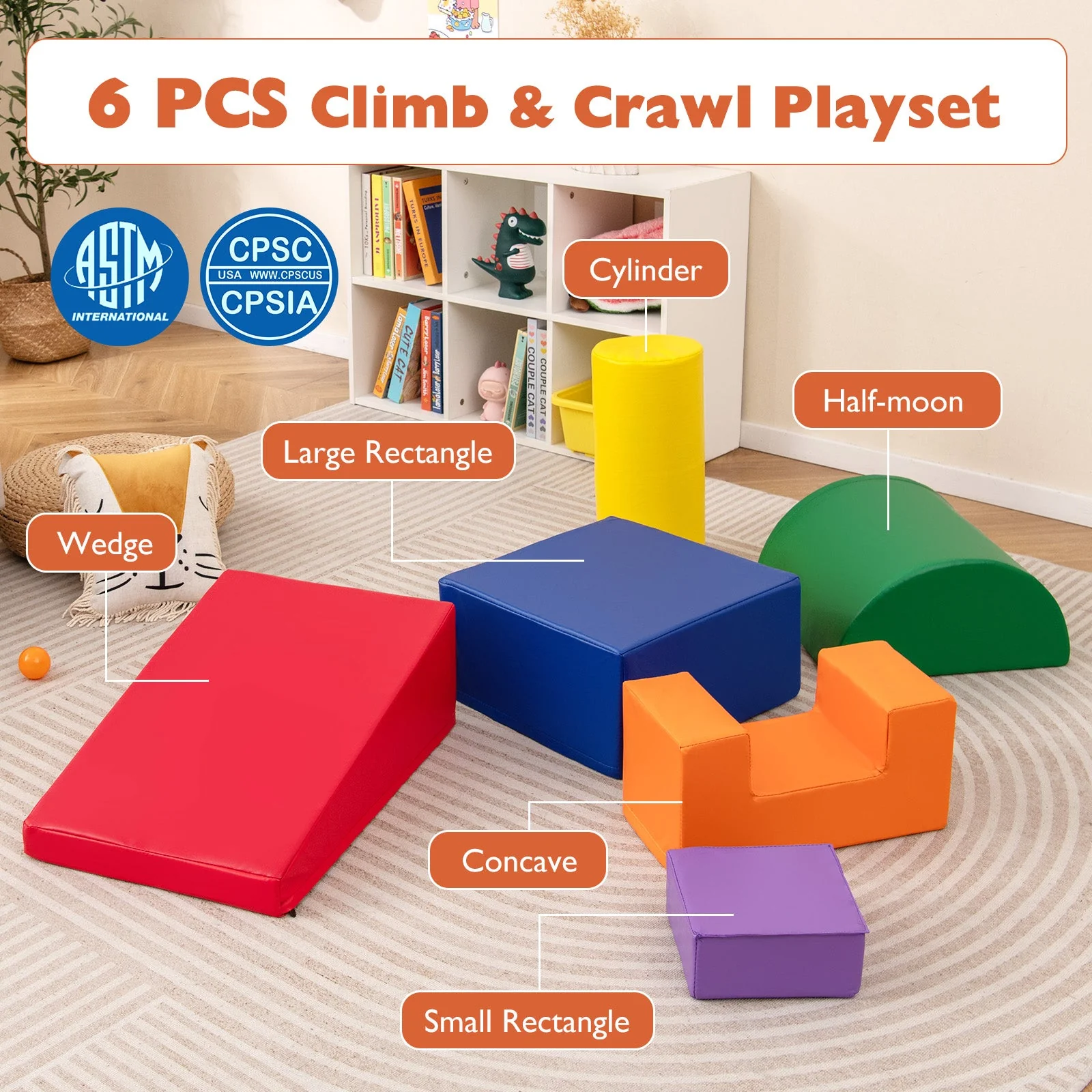 6 Pieces Foam Climbing Blocks Indoor Climb and Crawl Activity Playset with Rectangles-Orange - Image 8