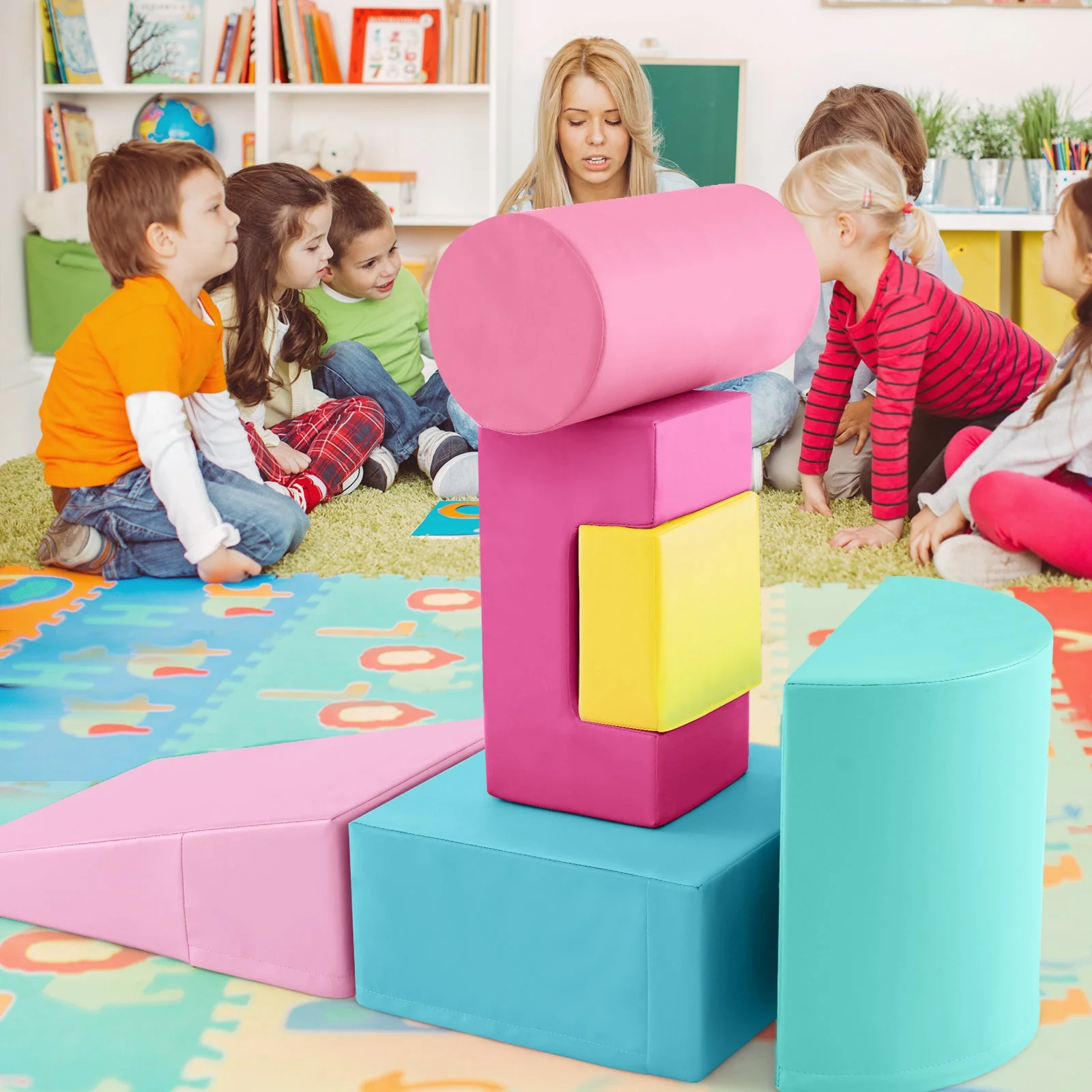 6 Pieces Foam Climbing Blocks Indoor Climb and Crawl Activity Playset with Rectangles-Pink - Image 2