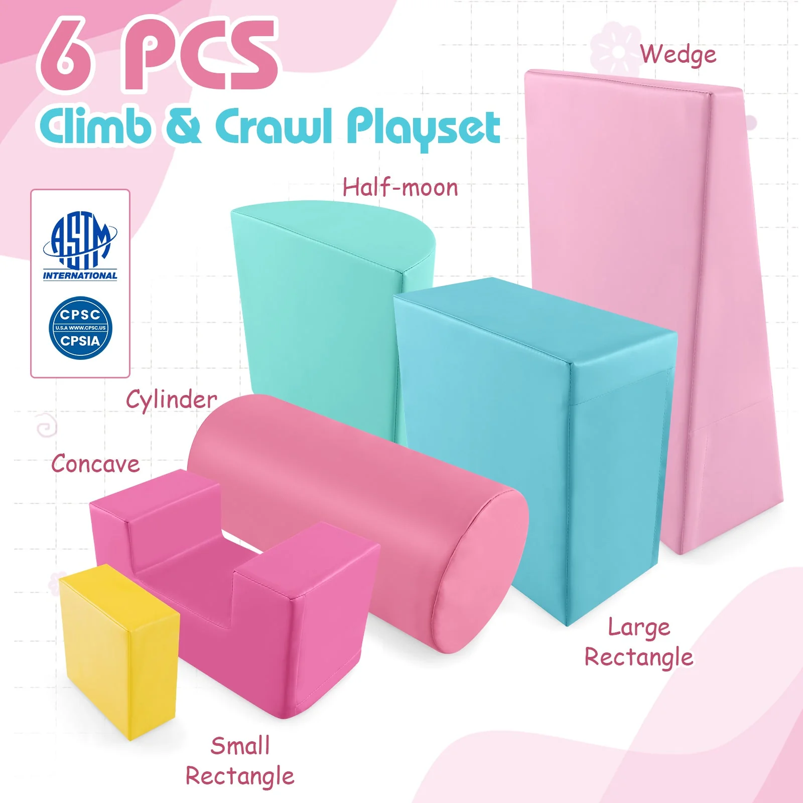 6 Pieces Foam Climbing Blocks Indoor Climb and Crawl Activity Playset with Rectangles-Pink - Image 8