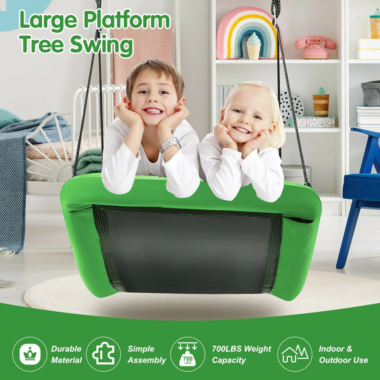 60 Inch Platform Tree Swing 700 lbs for Kids and Adults-Green - Image 7