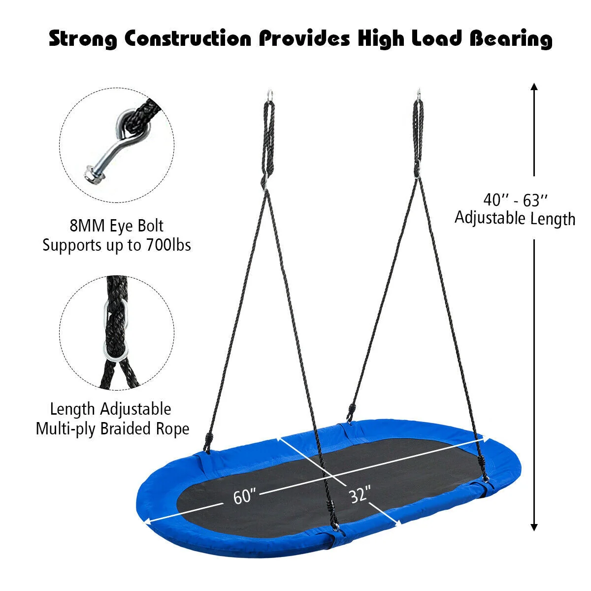 60 Inch Saucer Surf Outdoor Adjustable Swing Set-Blue+Black - Image 4