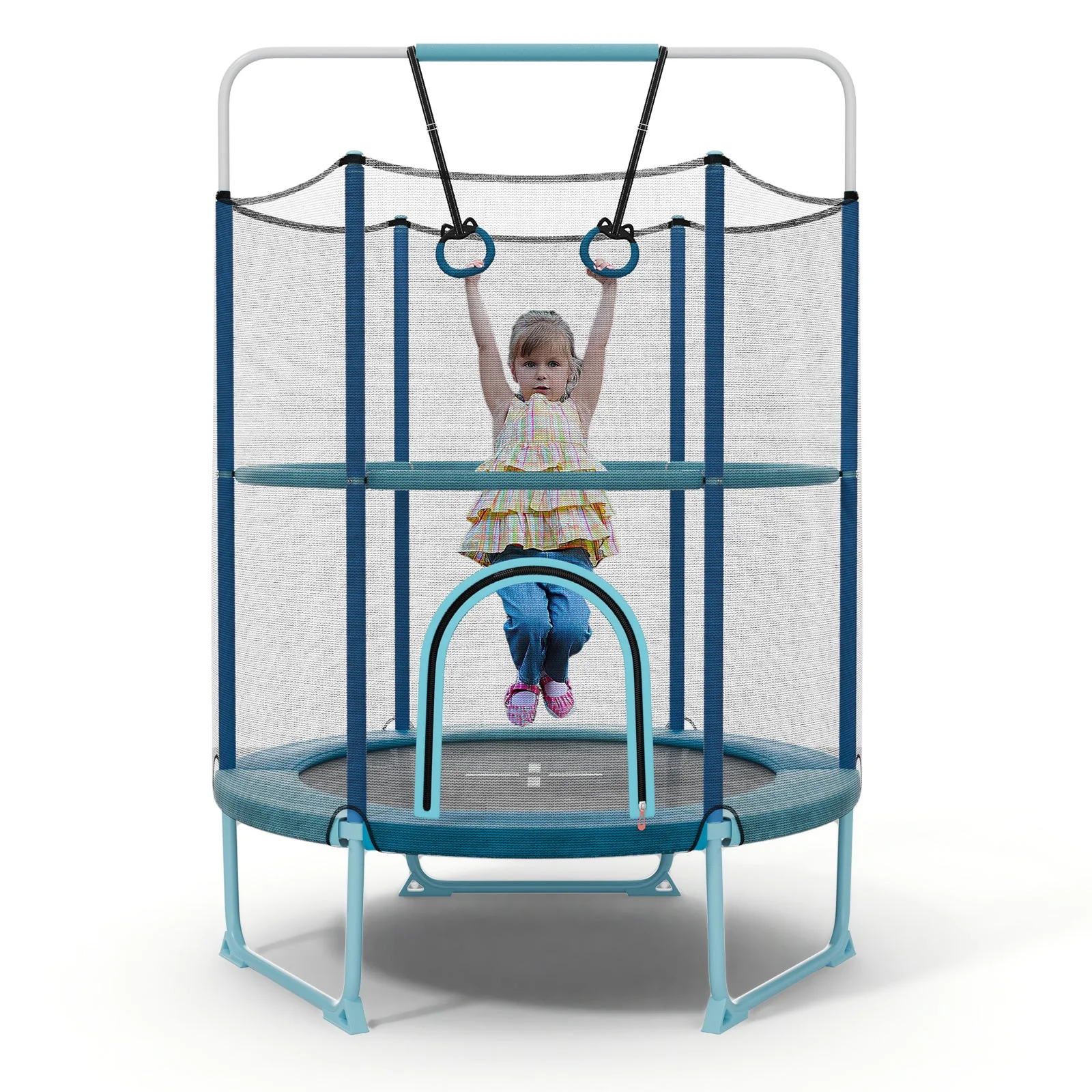 60 Inch Trampoline with Gymnastic Bar and Rings for Kids-Blue - Image 3