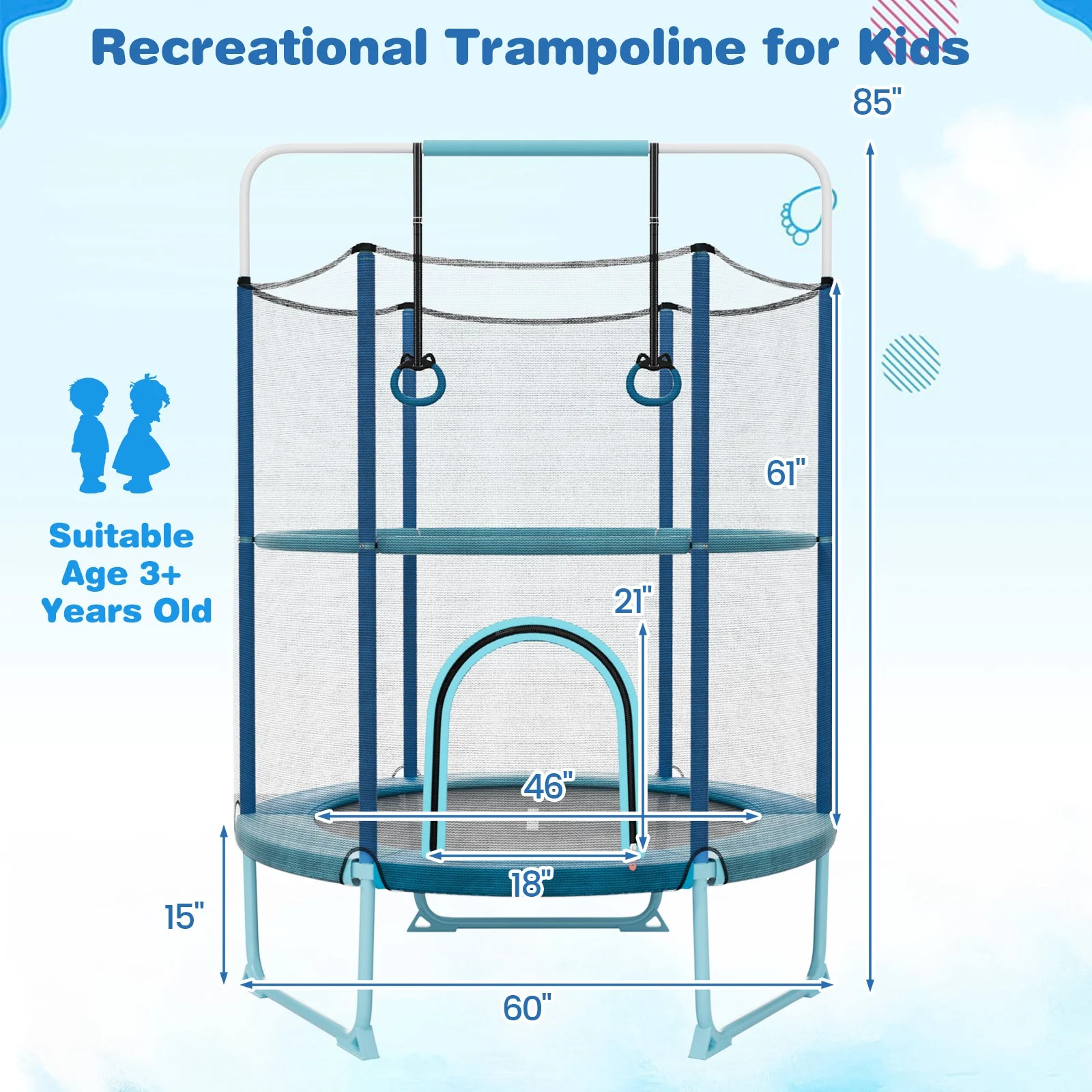 60 Inch Trampoline with Gymnastic Bar and Rings for Kids-Blue - Image 4