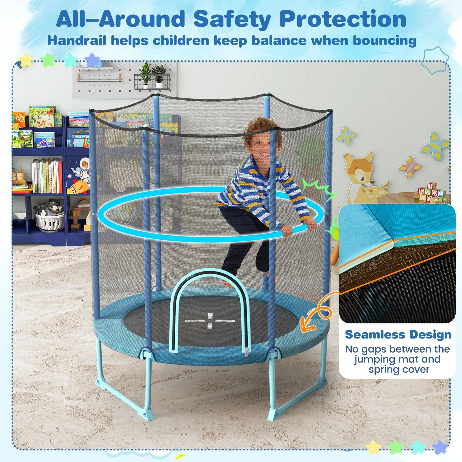 60 Inch Trampoline with Gymnastic Bar and Rings for Kids-Blue - Image 5