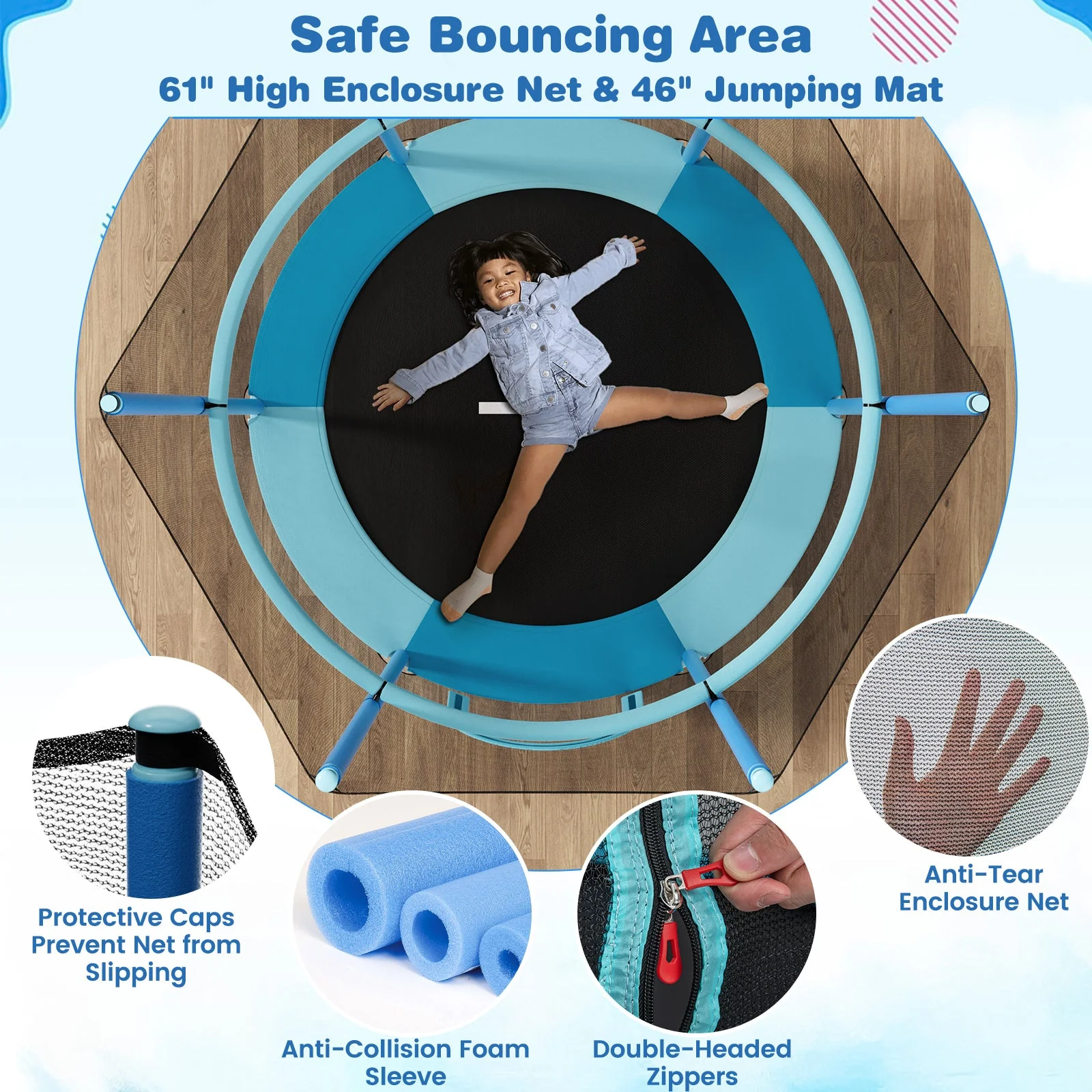 60 Inch Trampoline with Gymnastic Bar and Rings for Kids-Blue - Image 6