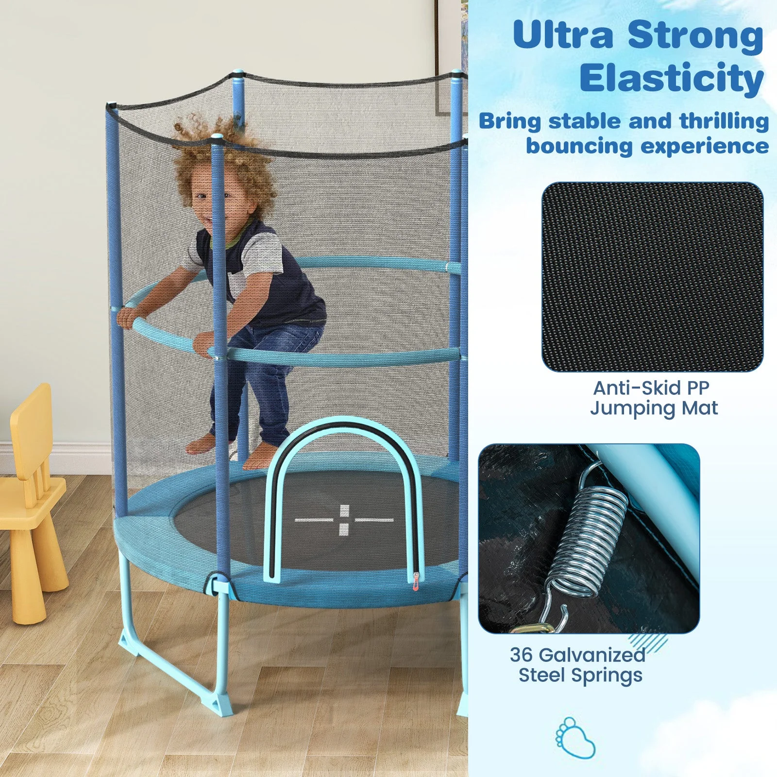 60 Inch Trampoline with Gymnastic Bar and Rings for Kids-Blue - Image 7