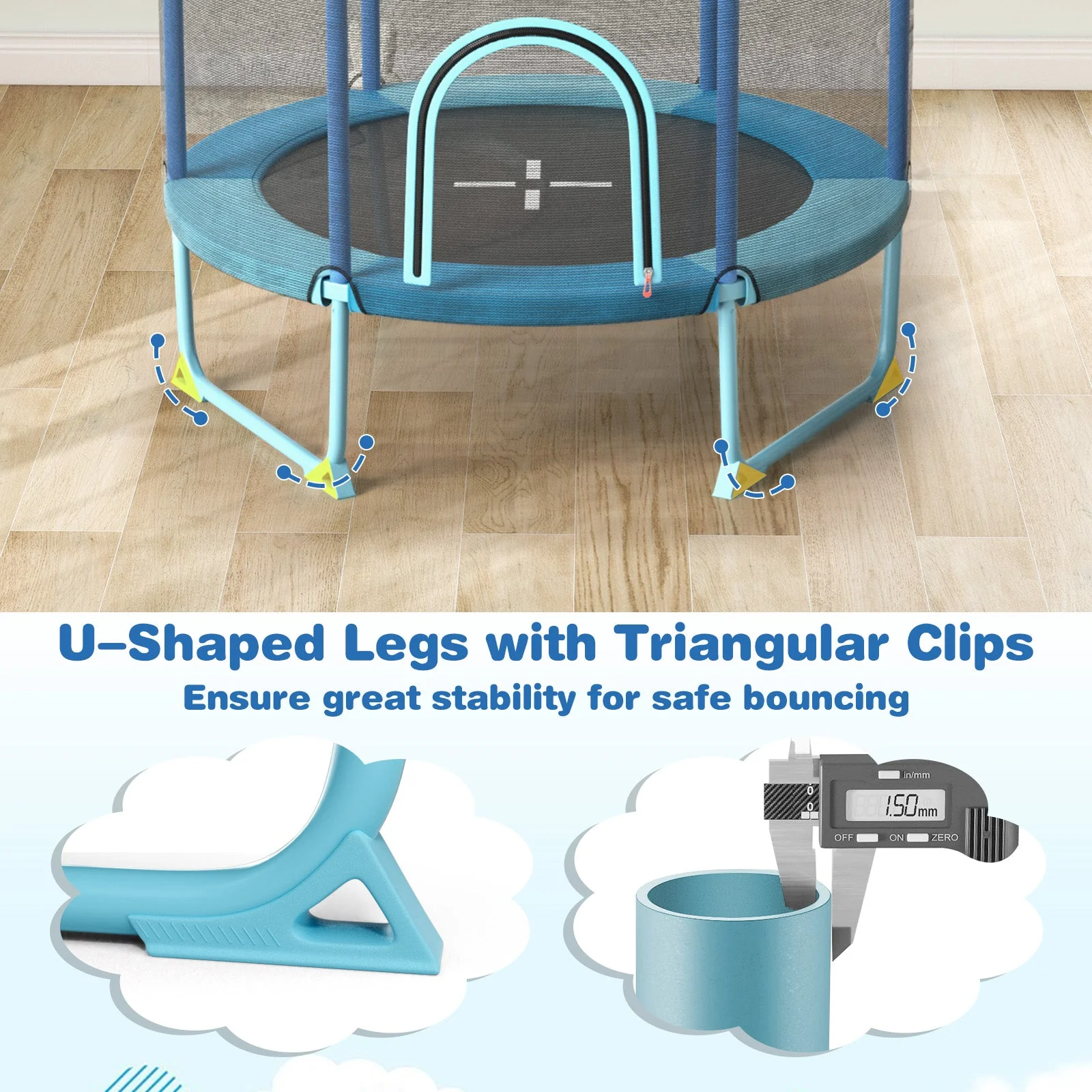 60 Inch Trampoline with Gymnastic Bar and Rings for Kids-Blue - Image 8