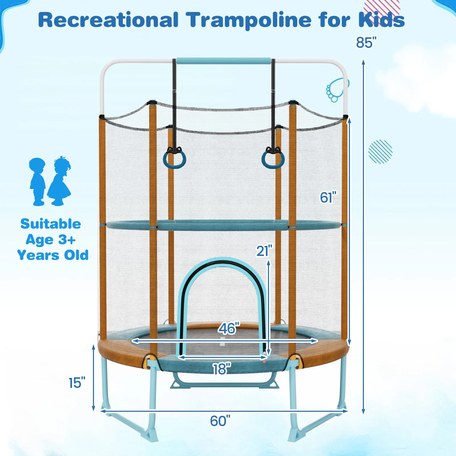 60 Inch Trampoline with Gymnastic Bar and Rings for Kids-Orange - Image 4