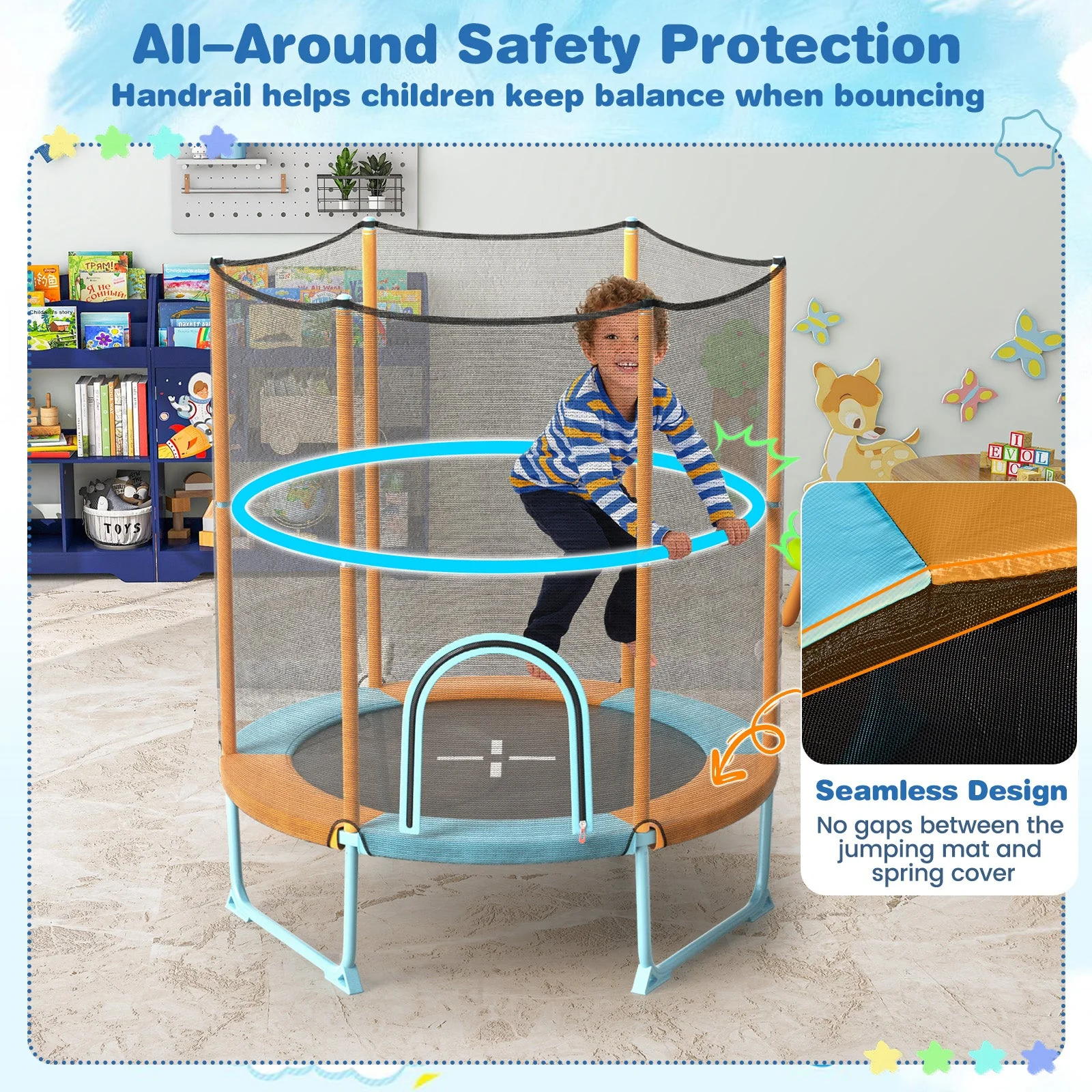 60 Inch Trampoline with Gymnastic Bar and Rings for Kids-Orange - Image 5