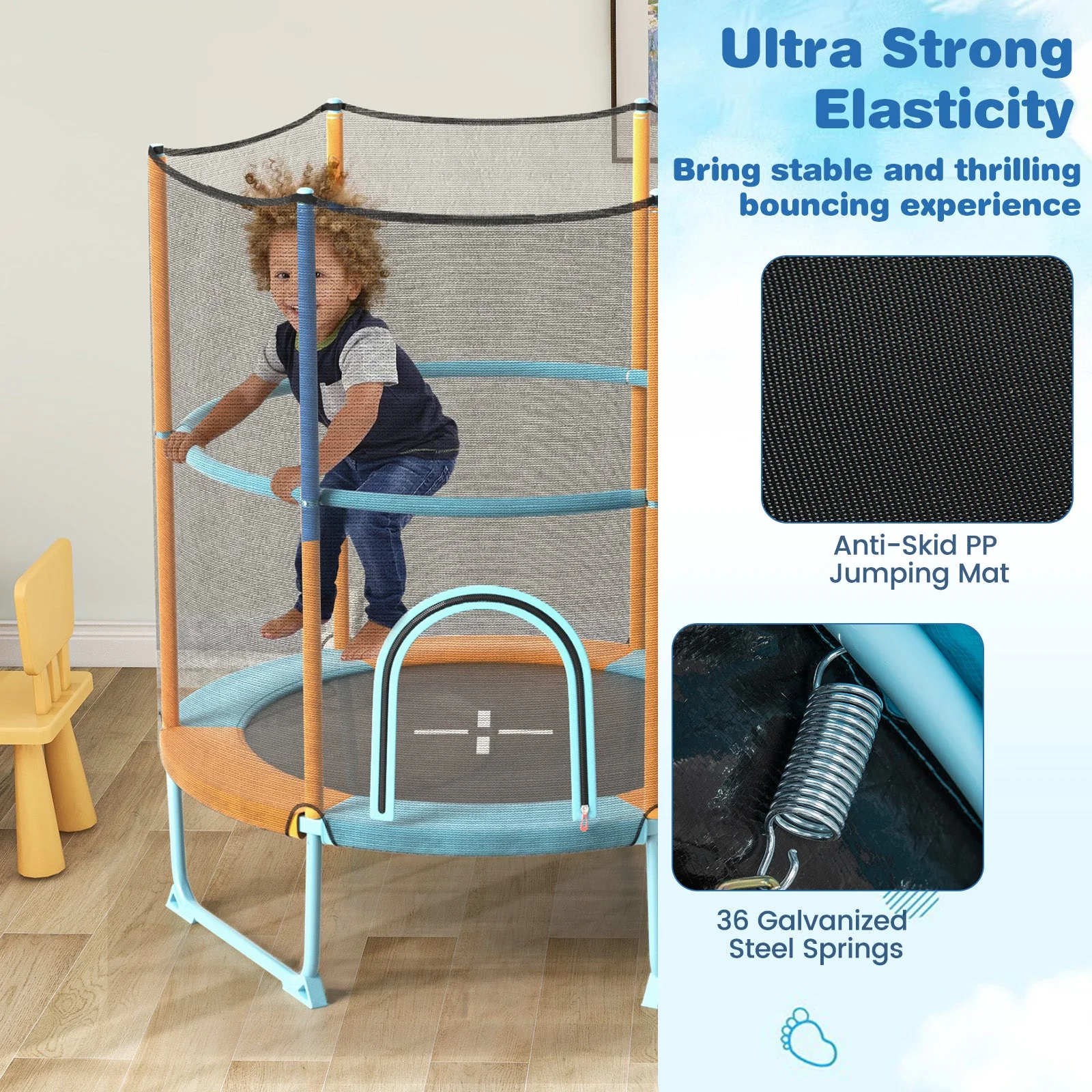 60 Inch Trampoline with Gymnastic Bar and Rings for Kids-Orange - Image 7