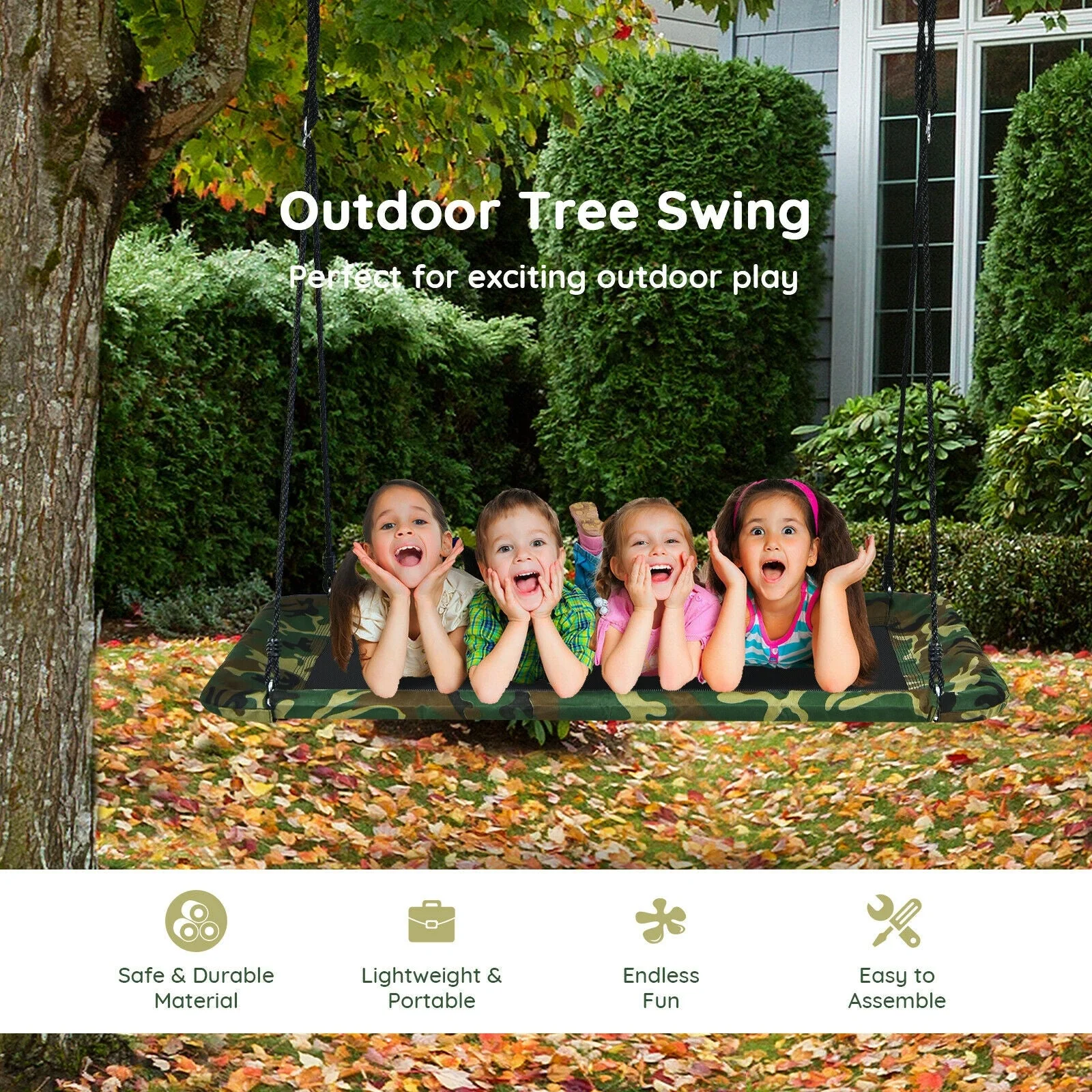 60 Inches Platform Tree Swing Outdoor with  2 Hanging Straps-Camouflage - Image 2