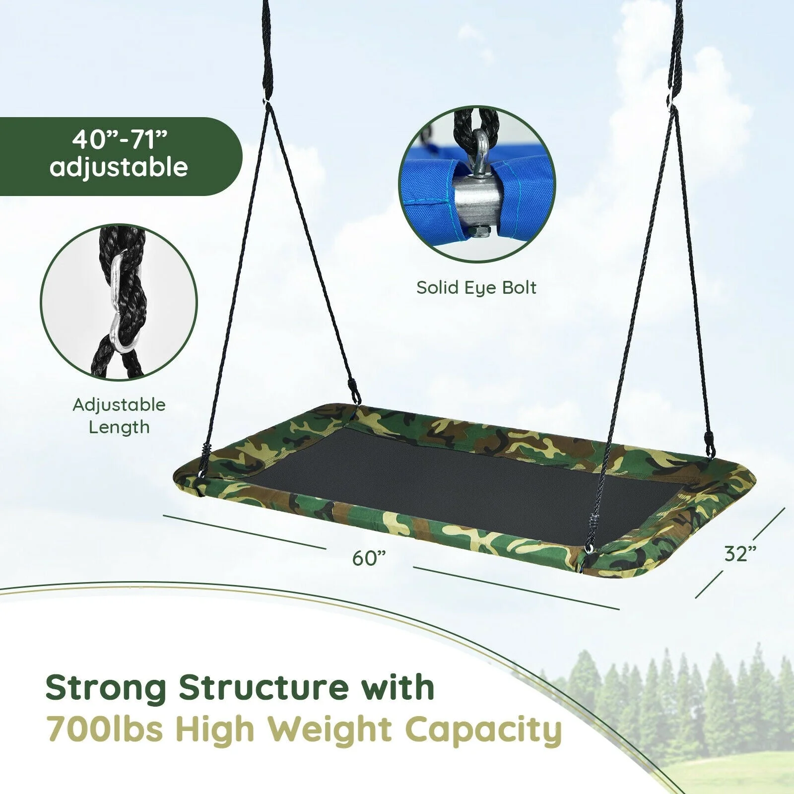 60 Inches Platform Tree Swing Outdoor with  2 Hanging Straps-Camouflage - Image 4