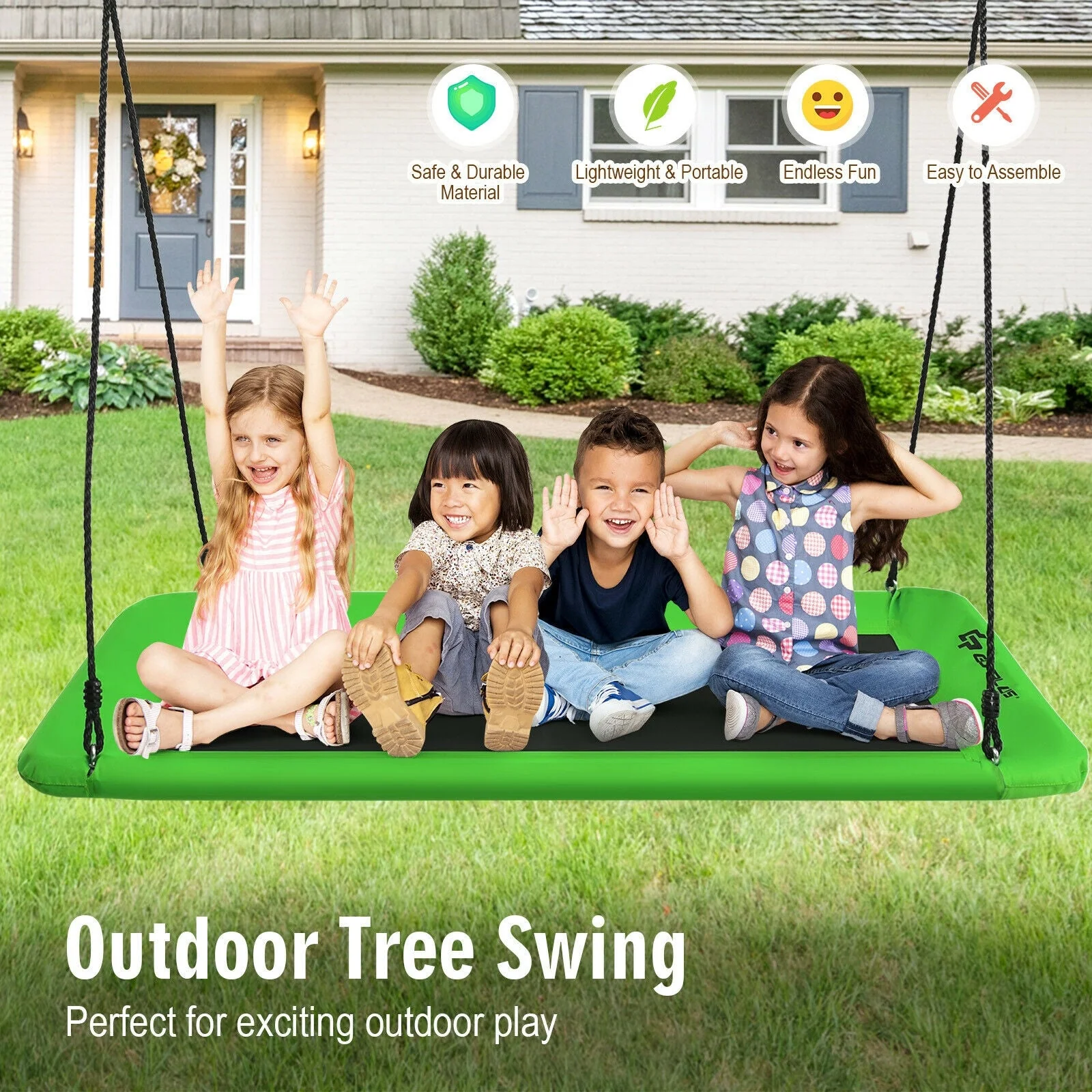 60 Inches Platform Tree Swing Outdoor with  2 Hanging Straps-Green - Image 2