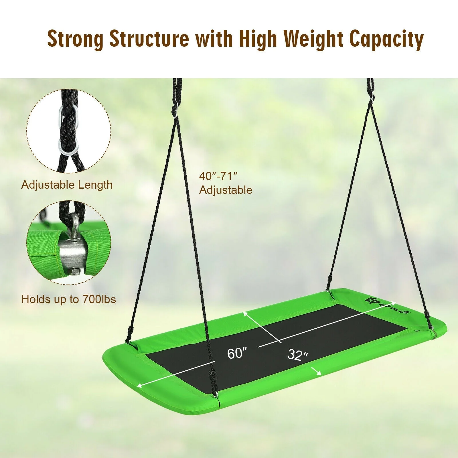 60 Inches Platform Tree Swing Outdoor with  2 Hanging Straps-Green - Image 4