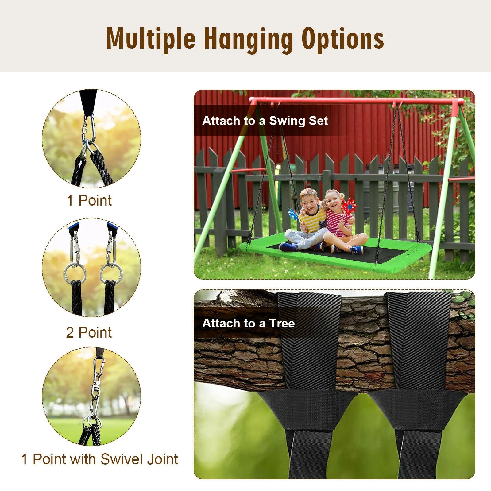60 Inches Platform Tree Swing Outdoor with  2 Hanging Straps-Green - Image 8