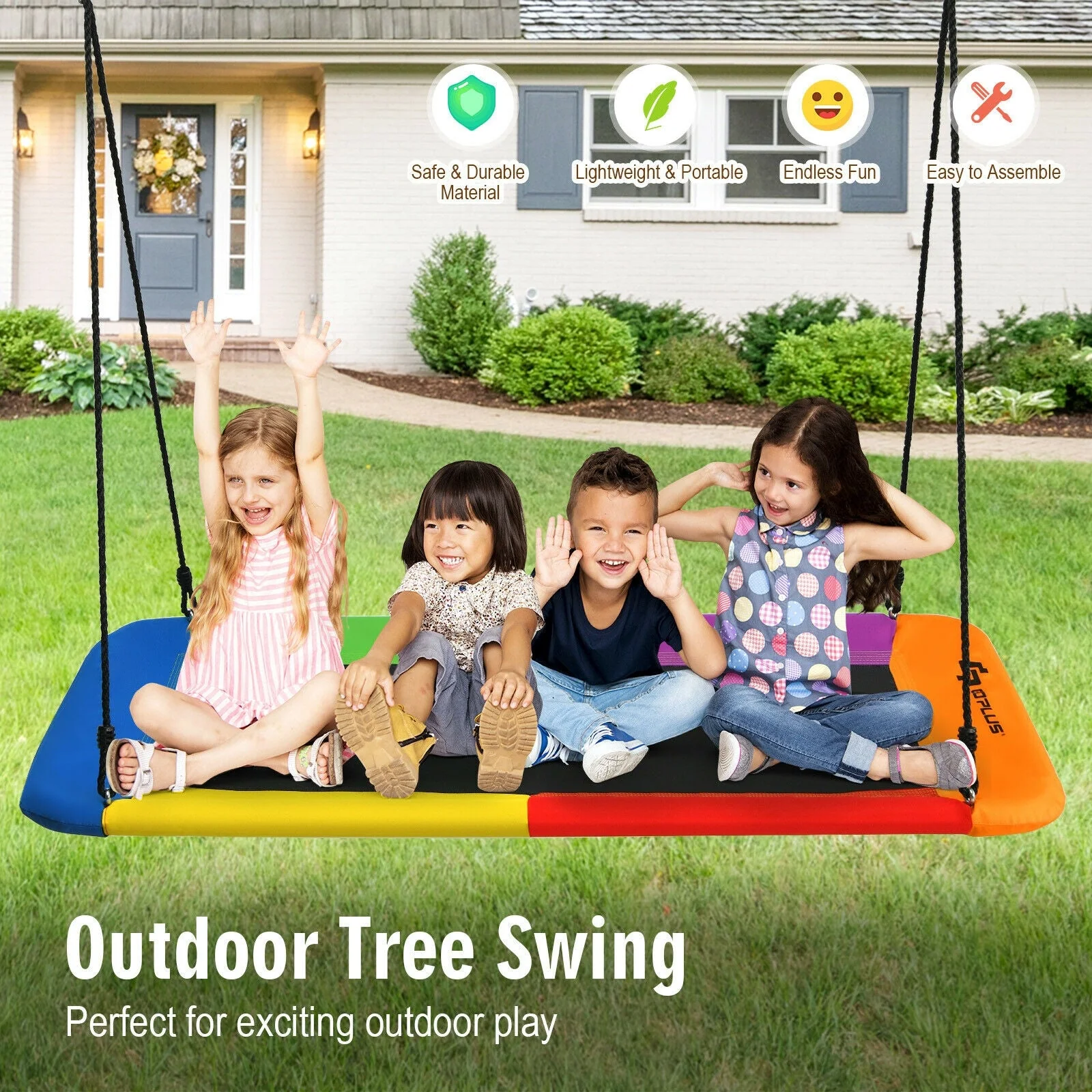 60 Inches Platform Tree Swing Outdoor with  2 Hanging Straps-Multicolor - Image 2