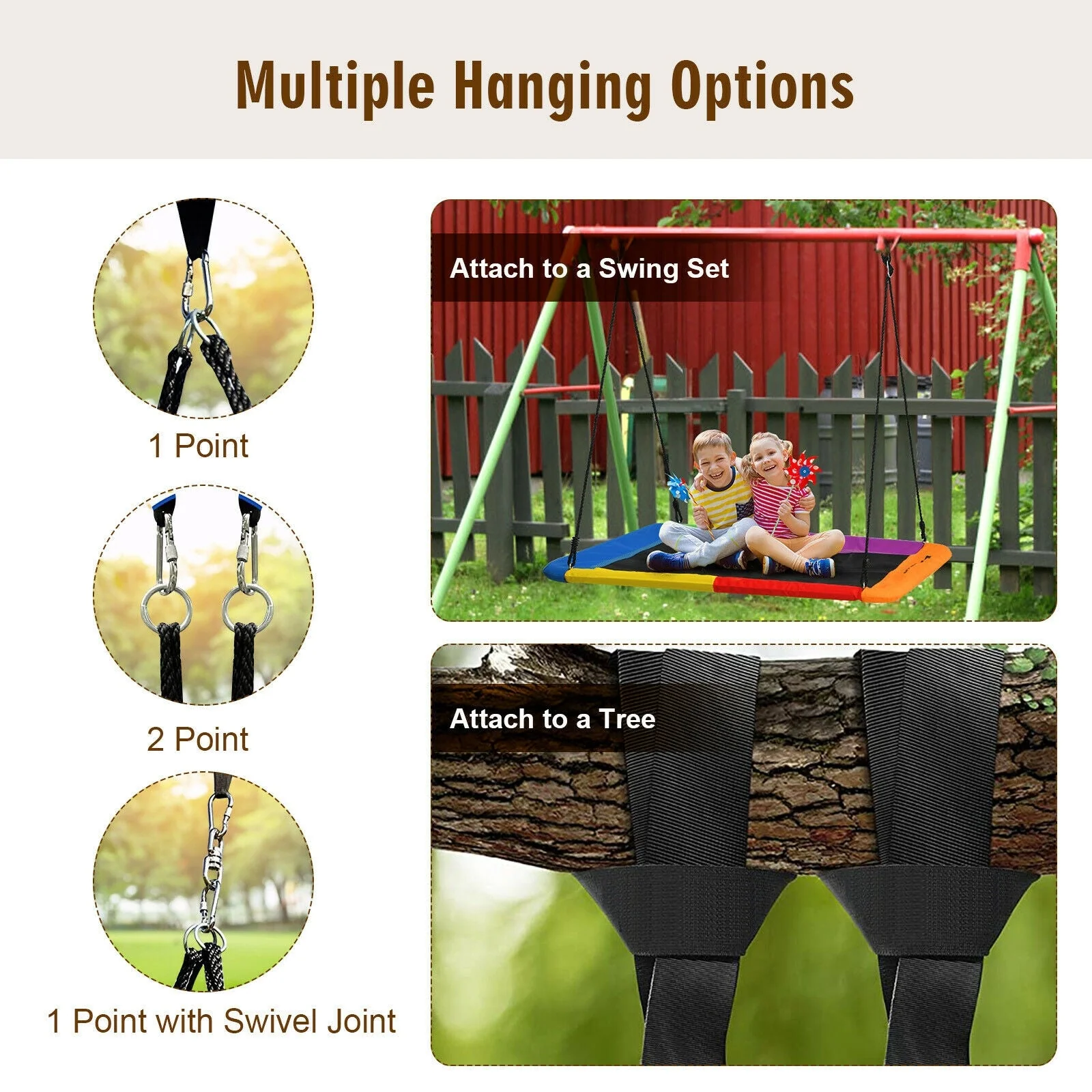 60 Inches Platform Tree Swing Outdoor with  2 Hanging Straps-Multicolor - Image 8