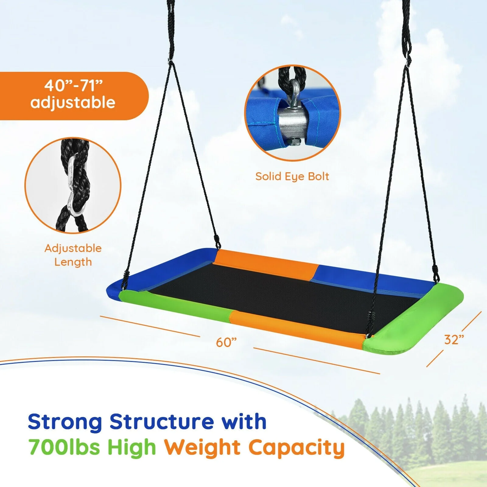60 Inches Platform Tree Swing with 2 Hanging Straps - Image 4