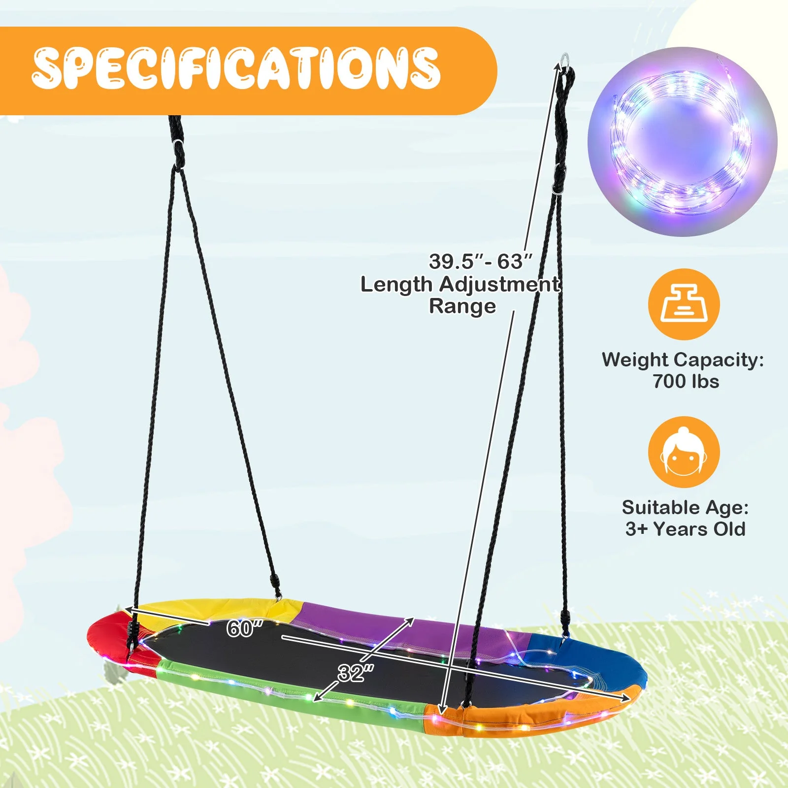60 Inches Saucer Swing with LED Lights for Kids and Adults-Multicolor - Image 5