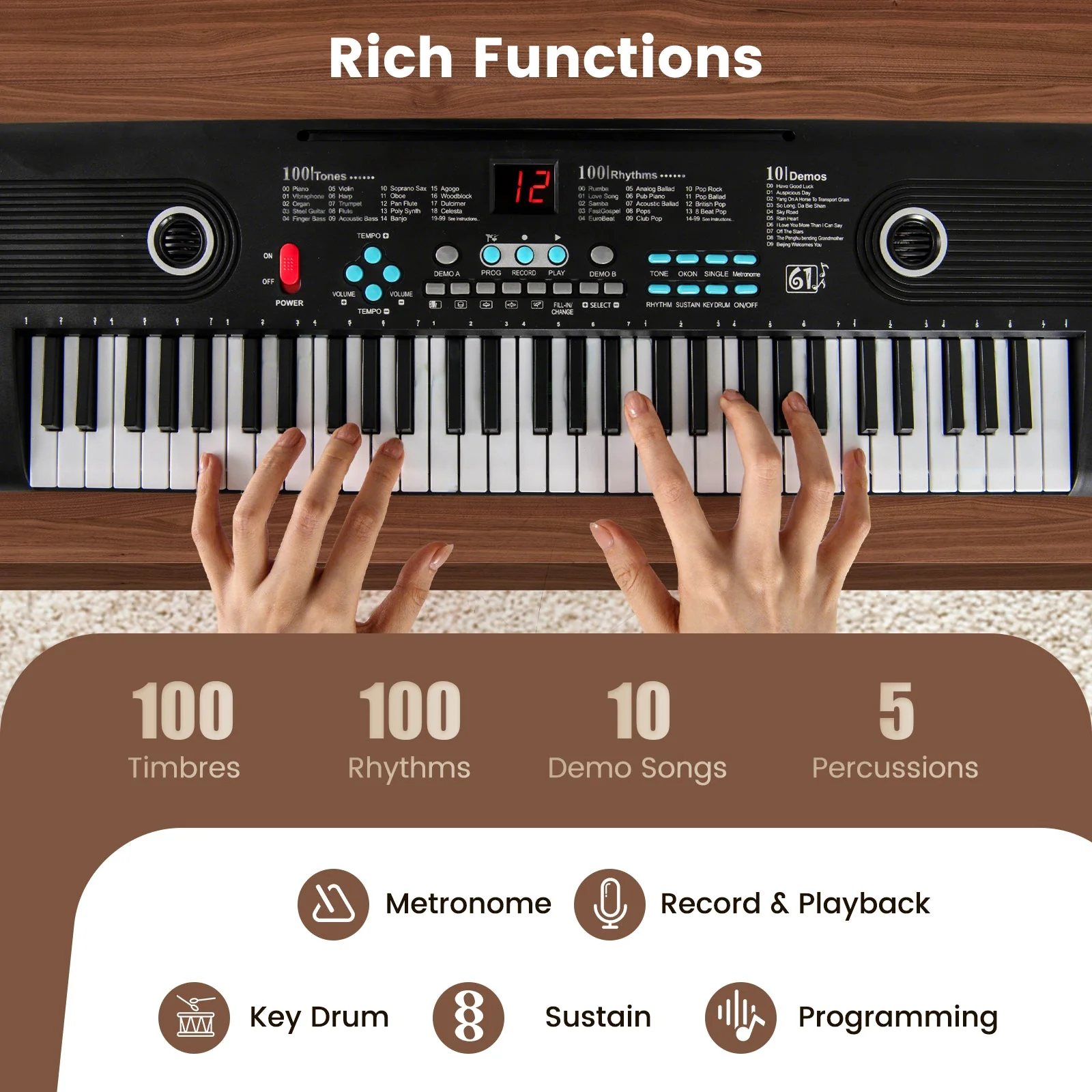 61 Key Electric Portable Digital Keyboard Piano for Beginner-Black - Image 4