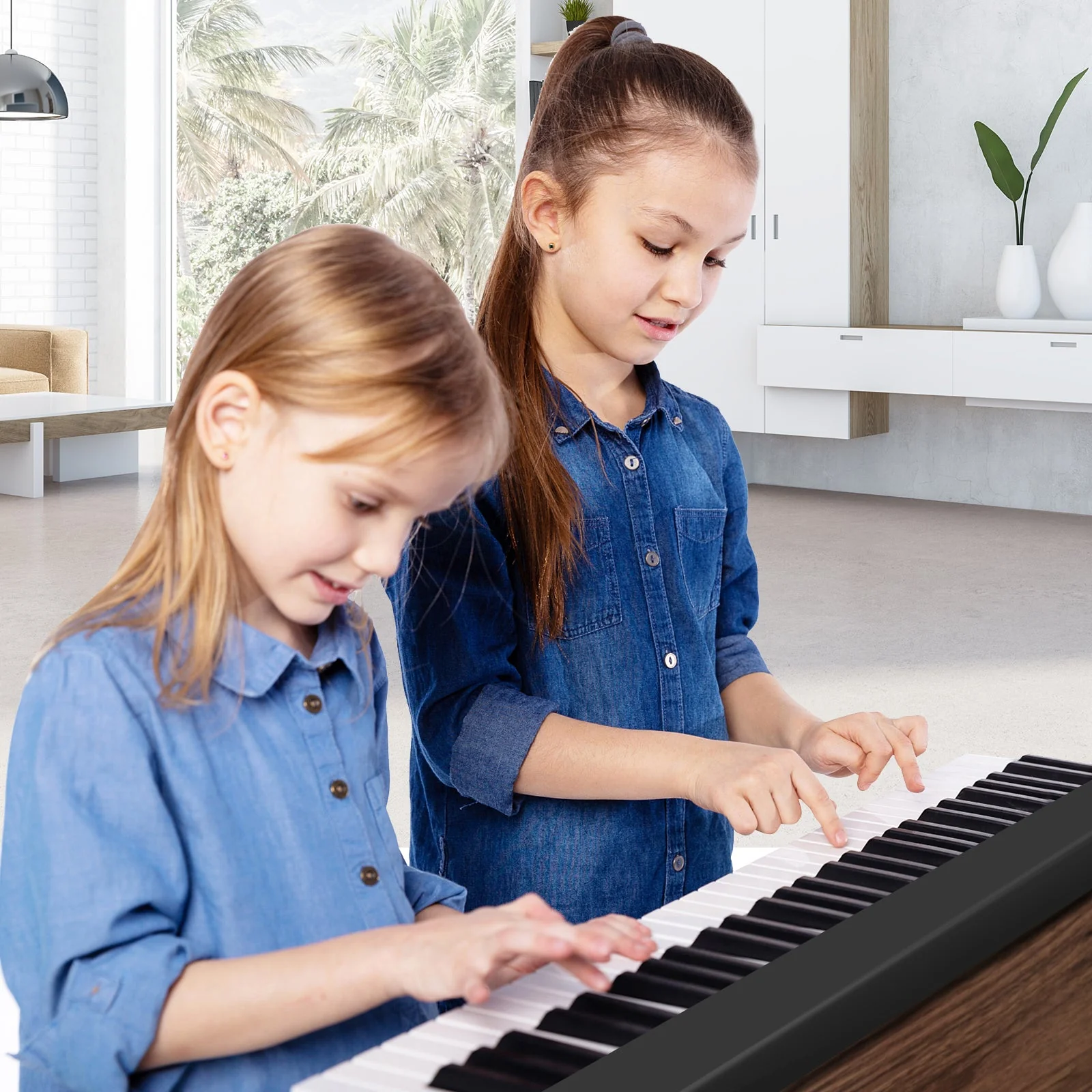 61-Key Folding Piano Keyboard with Full Size Keys and Music Stand-Black - Image 2