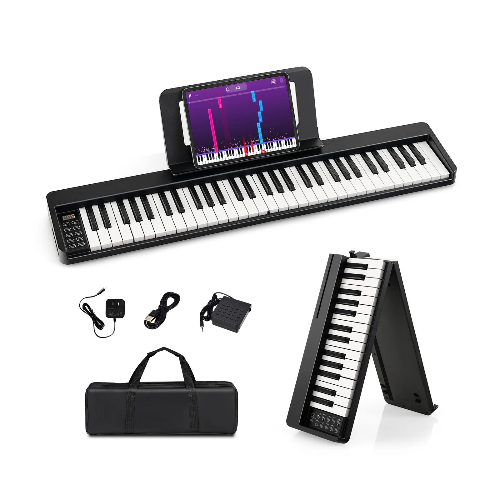 61-Key Folding Piano Keyboard with Full Size Keys and Music Stand-Black - Image 3