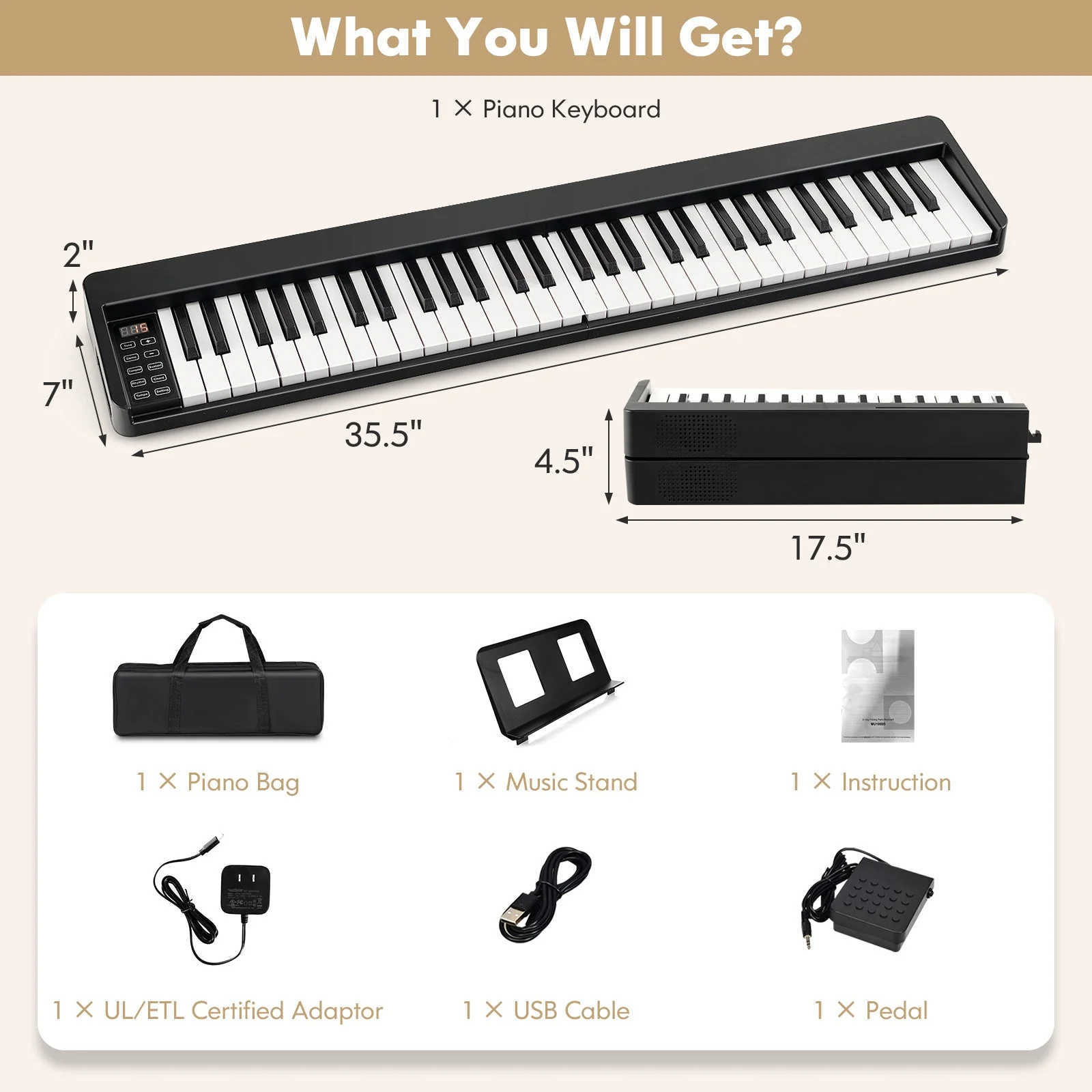 61-Key Folding Piano Keyboard with Full Size Keys and Music Stand-Black - Image 4