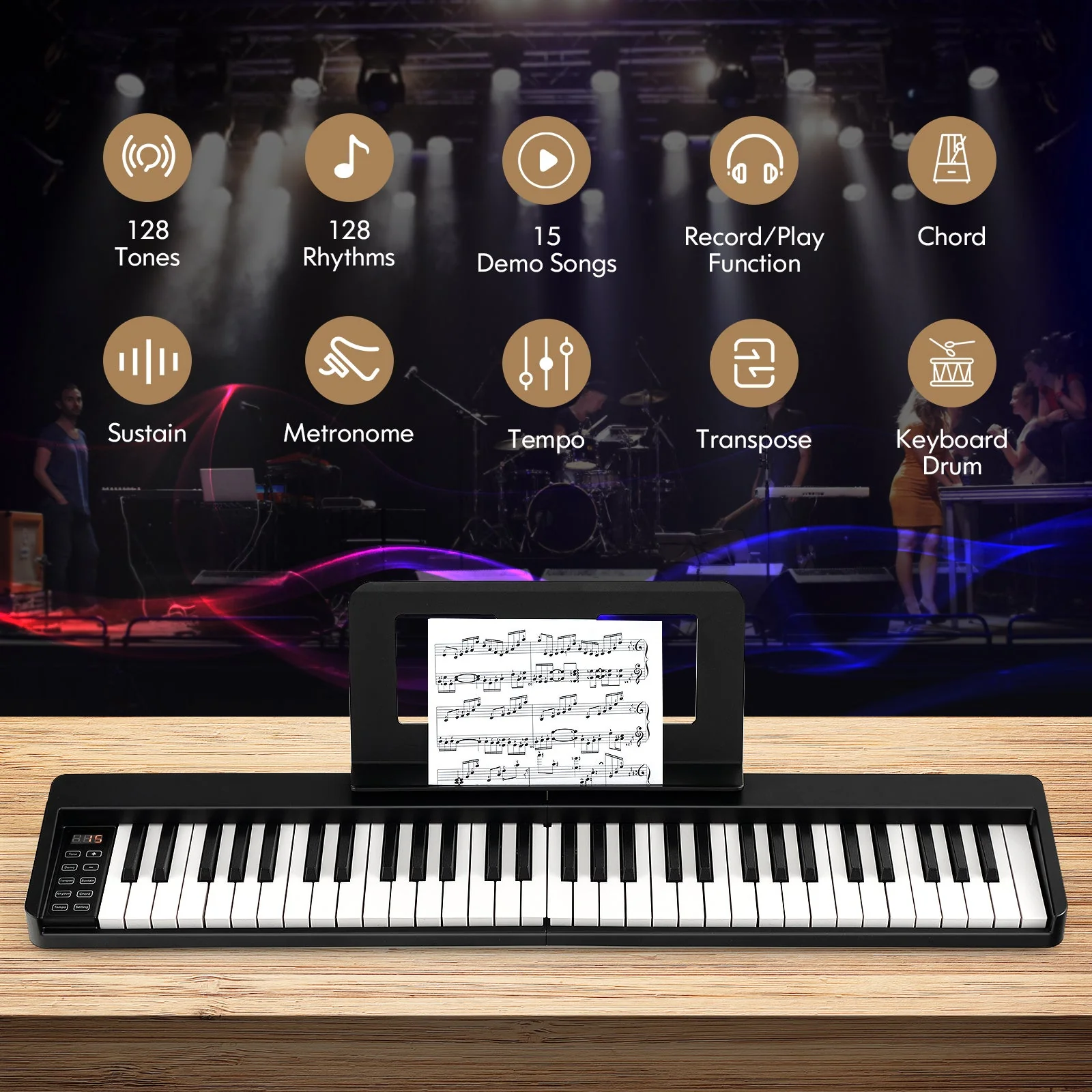 61-Key Folding Piano Keyboard with Full Size Keys and Music Stand-Black - Image 5