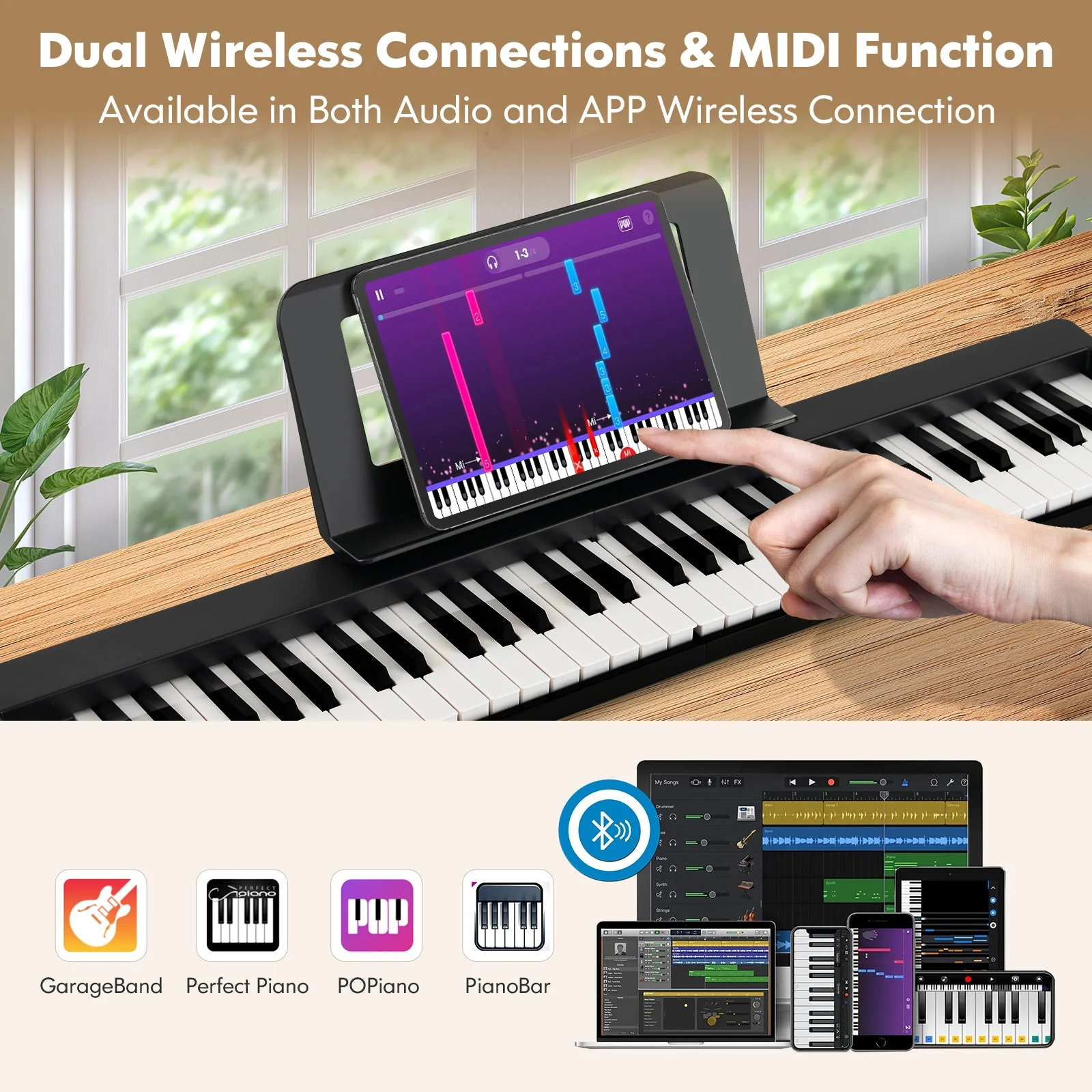 61-Key Folding Piano Keyboard with Full Size Keys and Music Stand-Black - Image 6