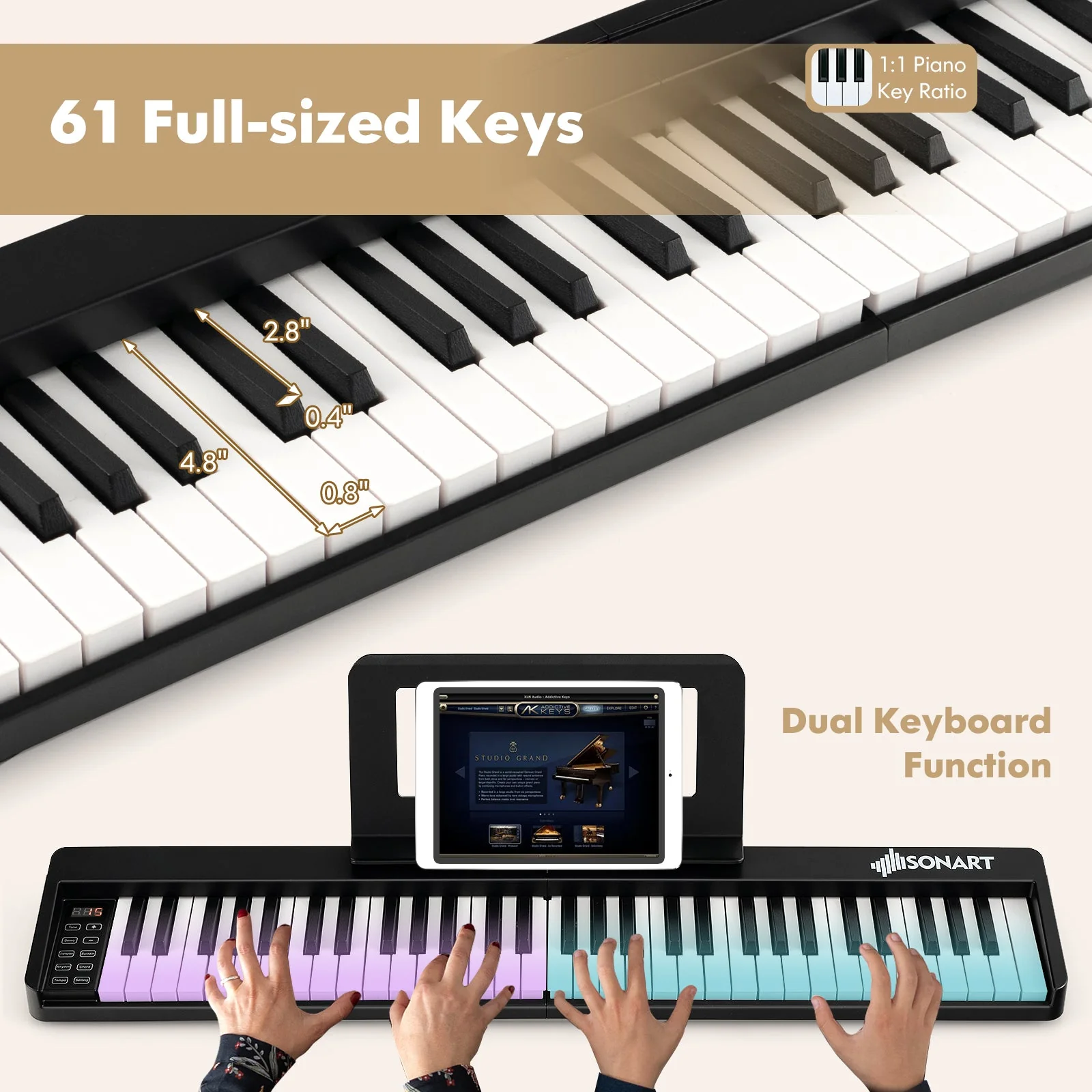61-Key Folding Piano Keyboard with Full Size Keys and Music Stand-Black - Image 7