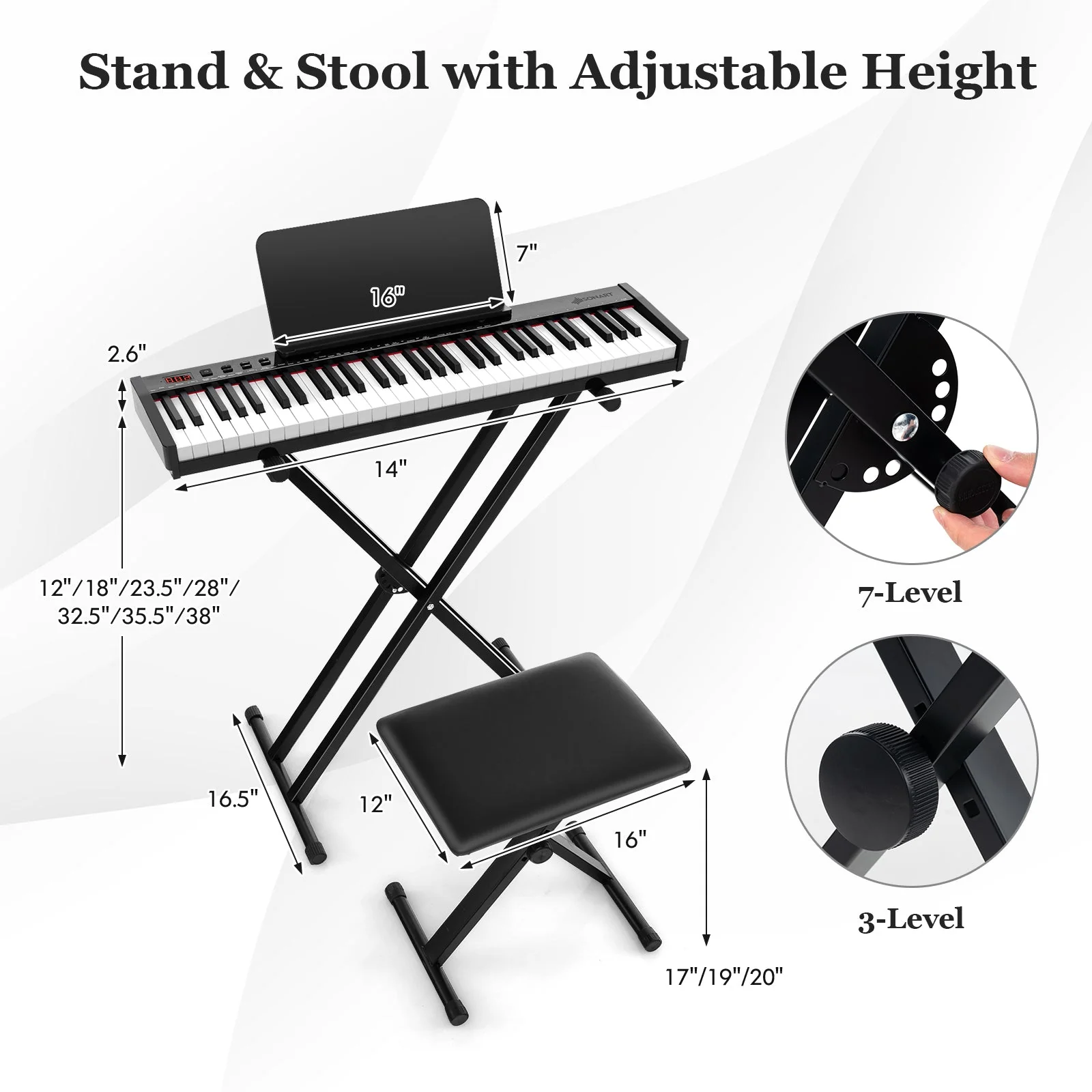 61-Key Portable Electronic Keyboard Piano Complete Digital Piano Set with Stand and Stool - Image 3