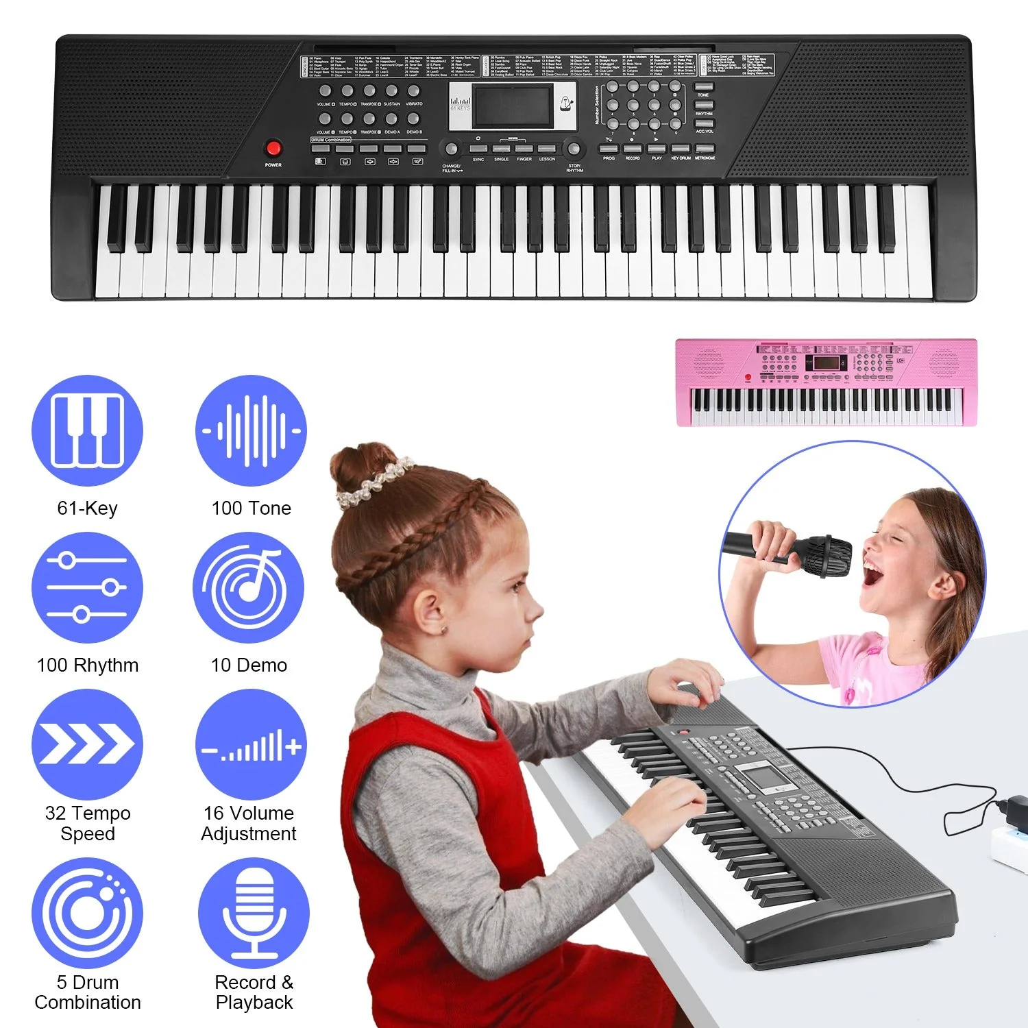 61 Keys Digital Music Keyboard Electric Piano Electronic Musical Instrument Kids Learning Keyboard with Microphone for 3-12 Year Old Kids Girls Boys - Image 6