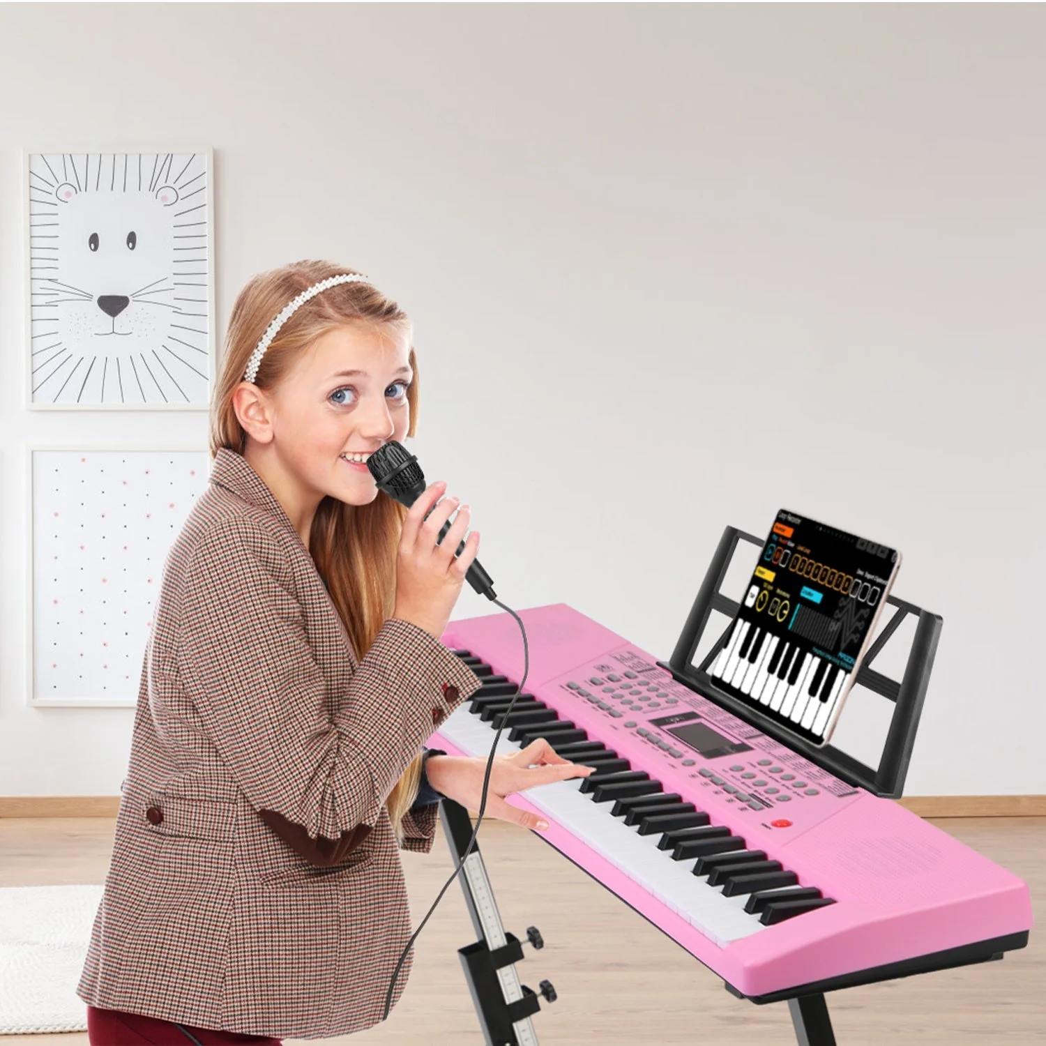 61 Keys Digital Music Keyboard Electric Piano Electronic Musical Instrument Kids Learning Keyboard with Microphone Stand for 3-12 Year Old Kids Girls - Image 2