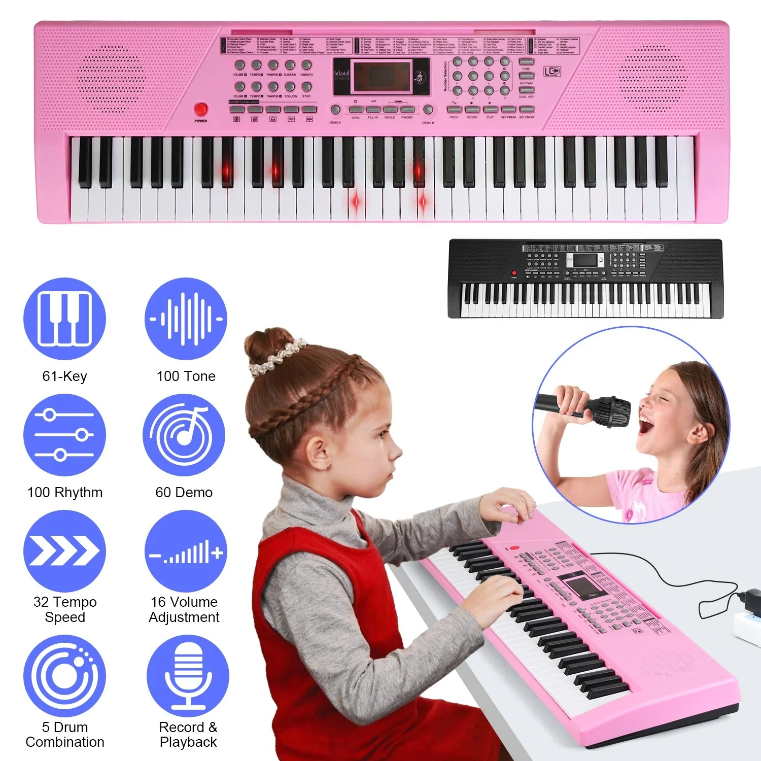 61 Keys Digital Music Keyboard Electric Piano Electronic Musical Instrument Kids Learning Keyboard with Stand Light Up Keys Microphone for 3-12 Year O - Image 6