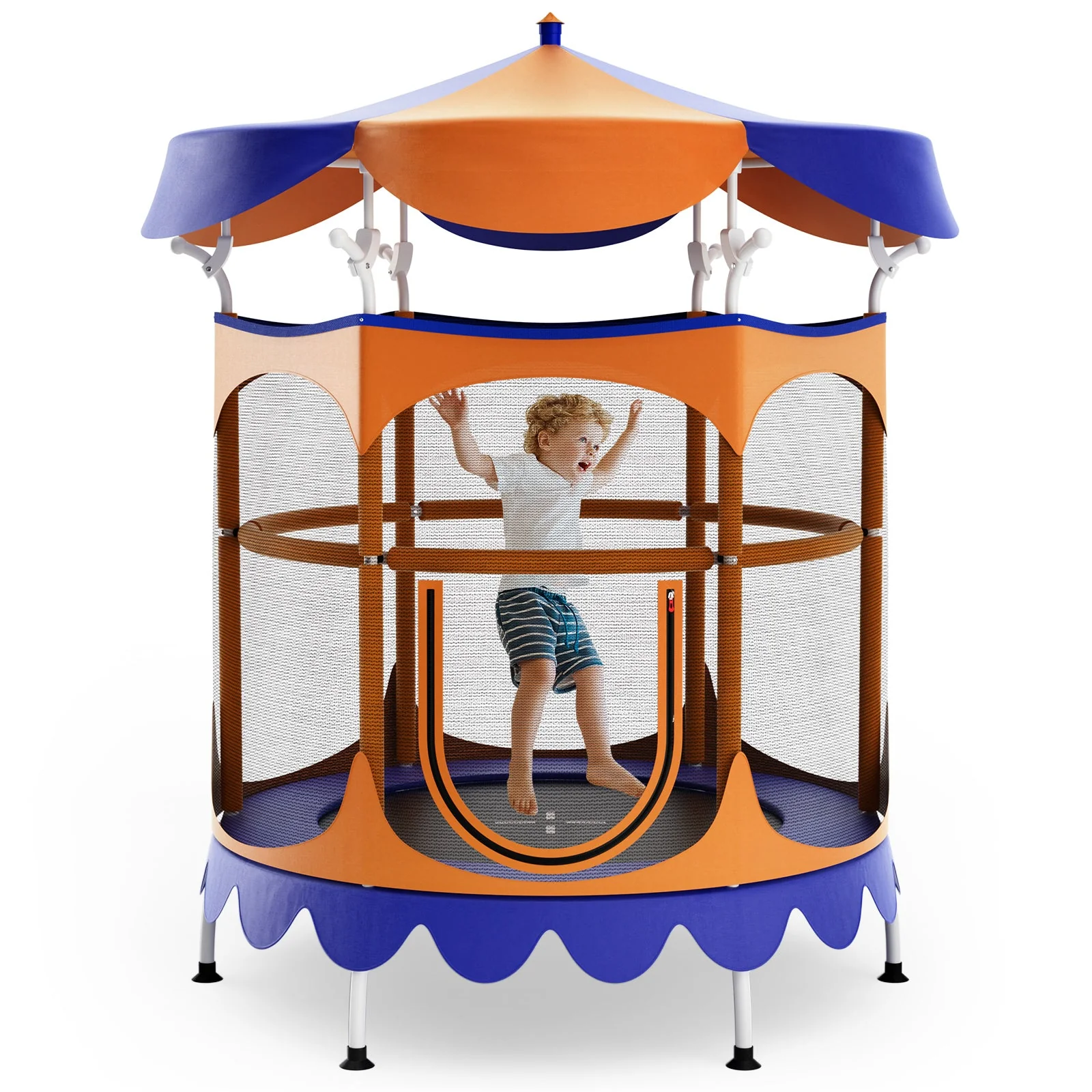 64 Inch Kids Trampoline with Detachable Canopy and Safety Enclosure Net-Orange - Image 3