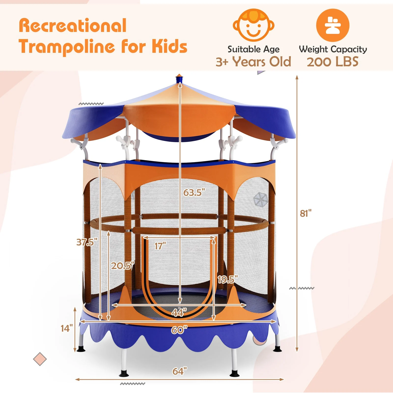 64 Inch Kids Trampoline with Detachable Canopy and Safety Enclosure Net-Orange - Image 4