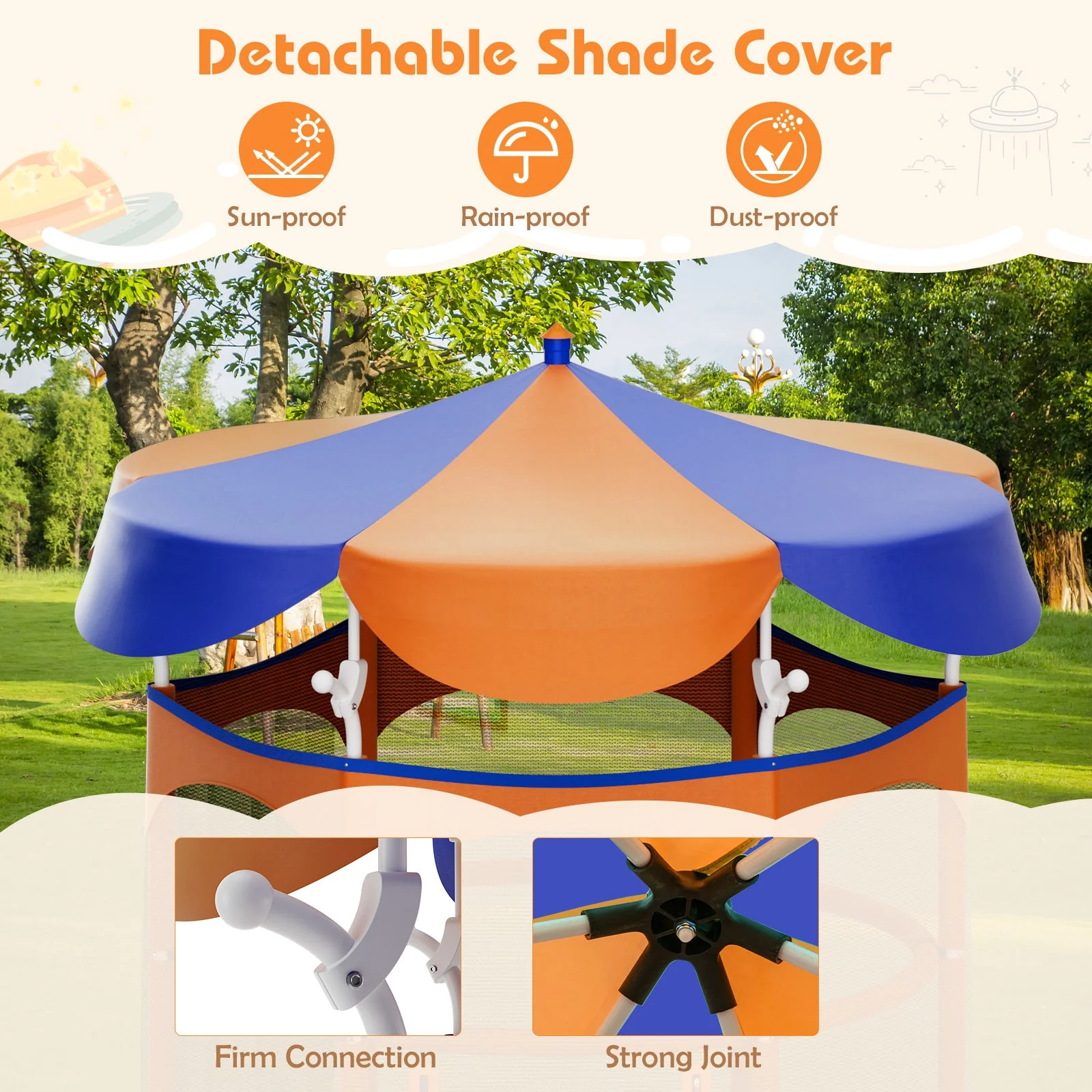 64 Inch Kids Trampoline with Detachable Canopy and Safety Enclosure Net-Orange - Image 5