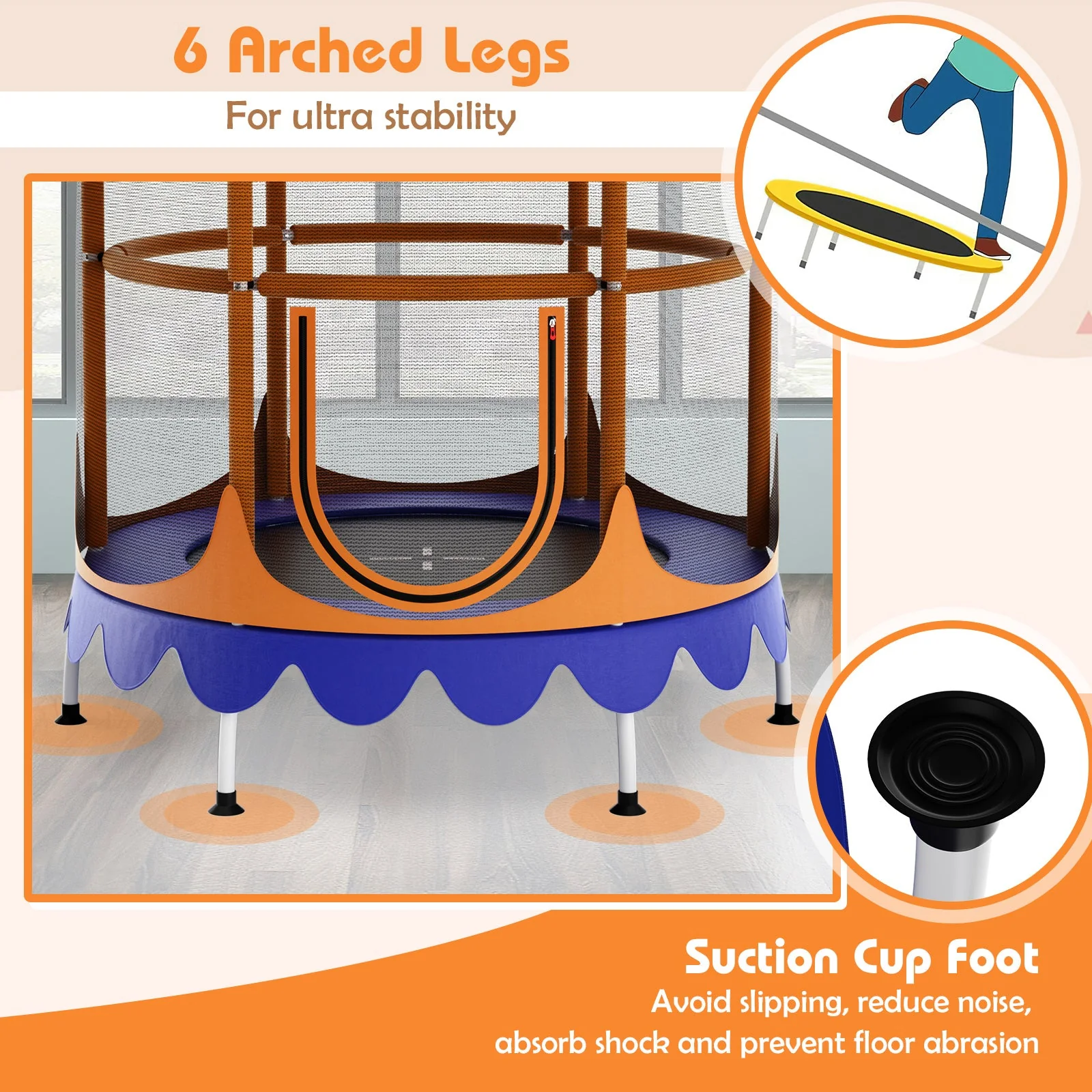 64 Inch Kids Trampoline with Detachable Canopy and Safety Enclosure Net-Orange - Image 8