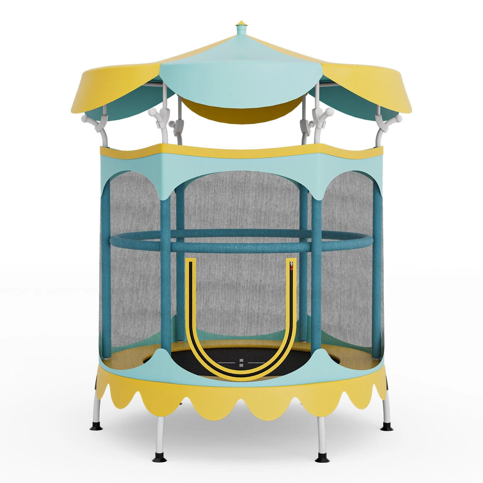 64 Inch Kids Trampoline with Detachable Canopy and Safety Enclosure Net-Yellow - Image 2