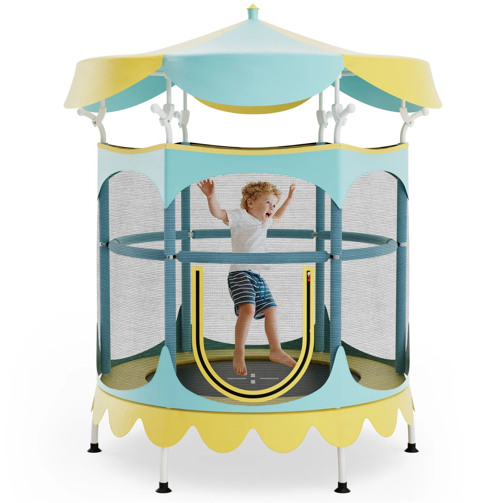 64 Inch Kids Trampoline with Detachable Canopy and Safety Enclosure Net-Yellow - Image 3